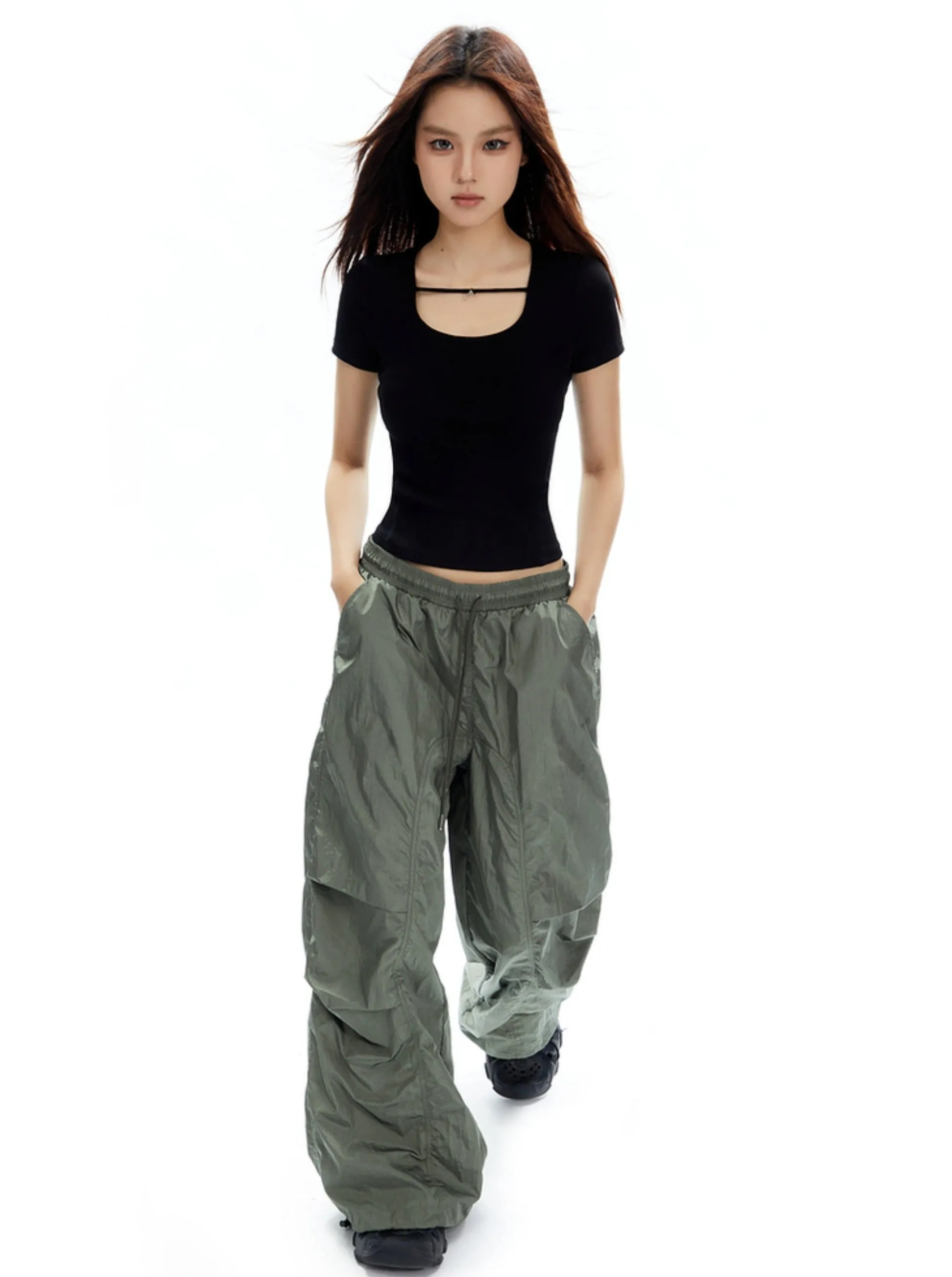 Oversized Olive Green Parachute Pants