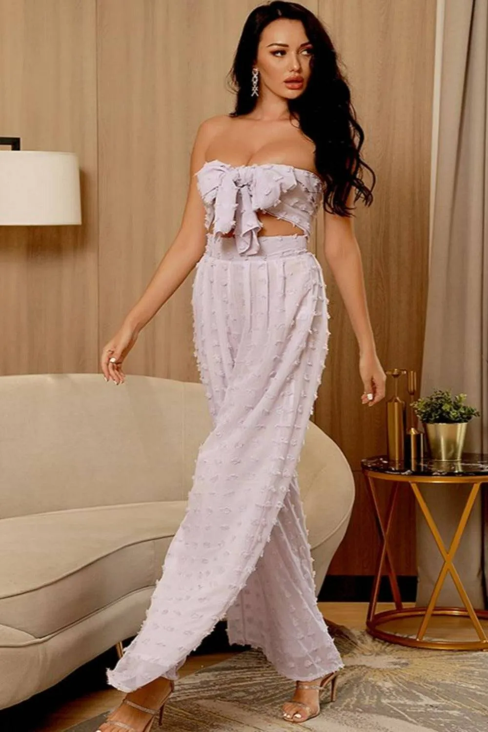 Pale Purple Polka Dot Two-Piece Top Bottom Jumpsuit Set