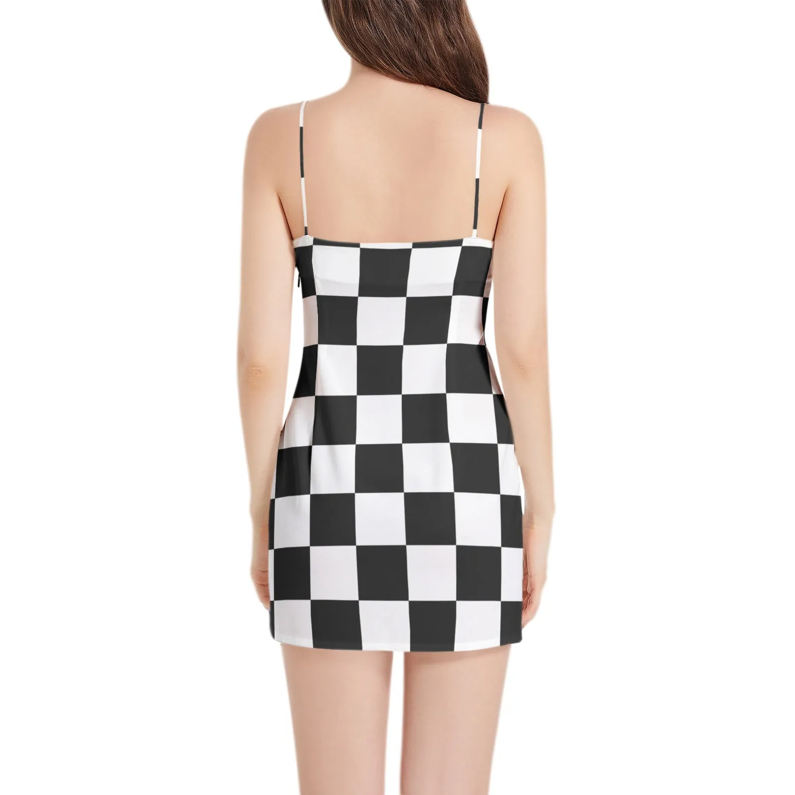 Piebald Pixels Sleeveless Square Neckline Spaghetti Strap Mini Dress