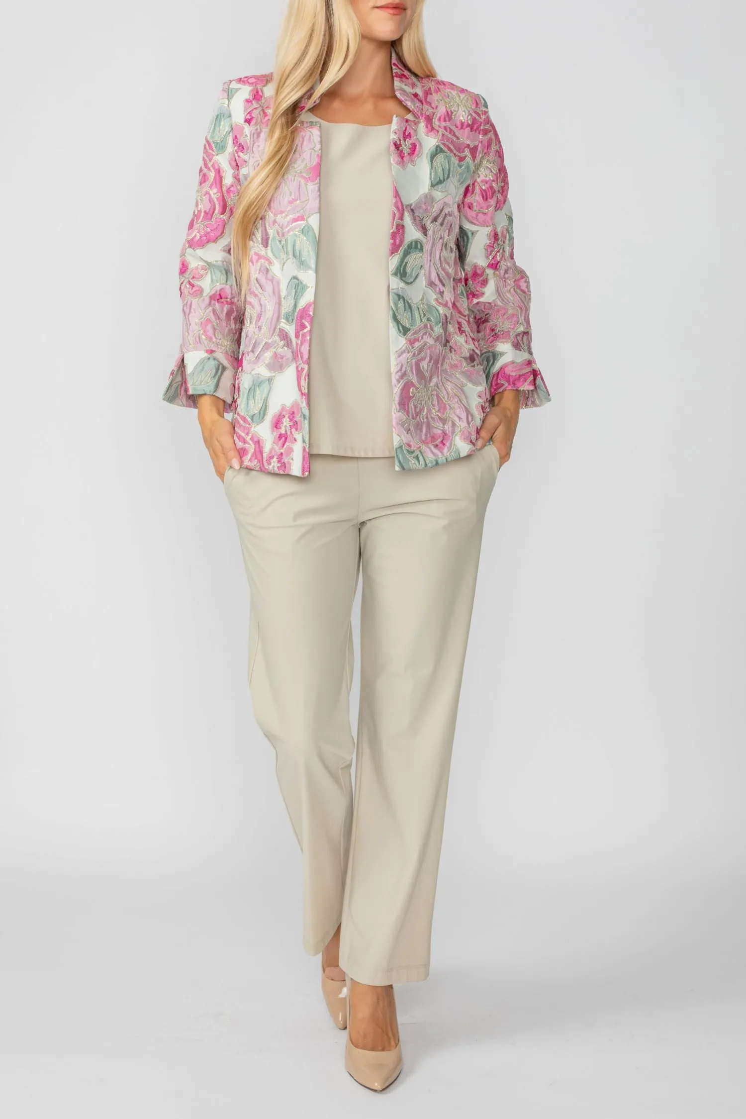 Pink Floral Embo Jacquard Stand Collard 3/4 Sleeve Jacket