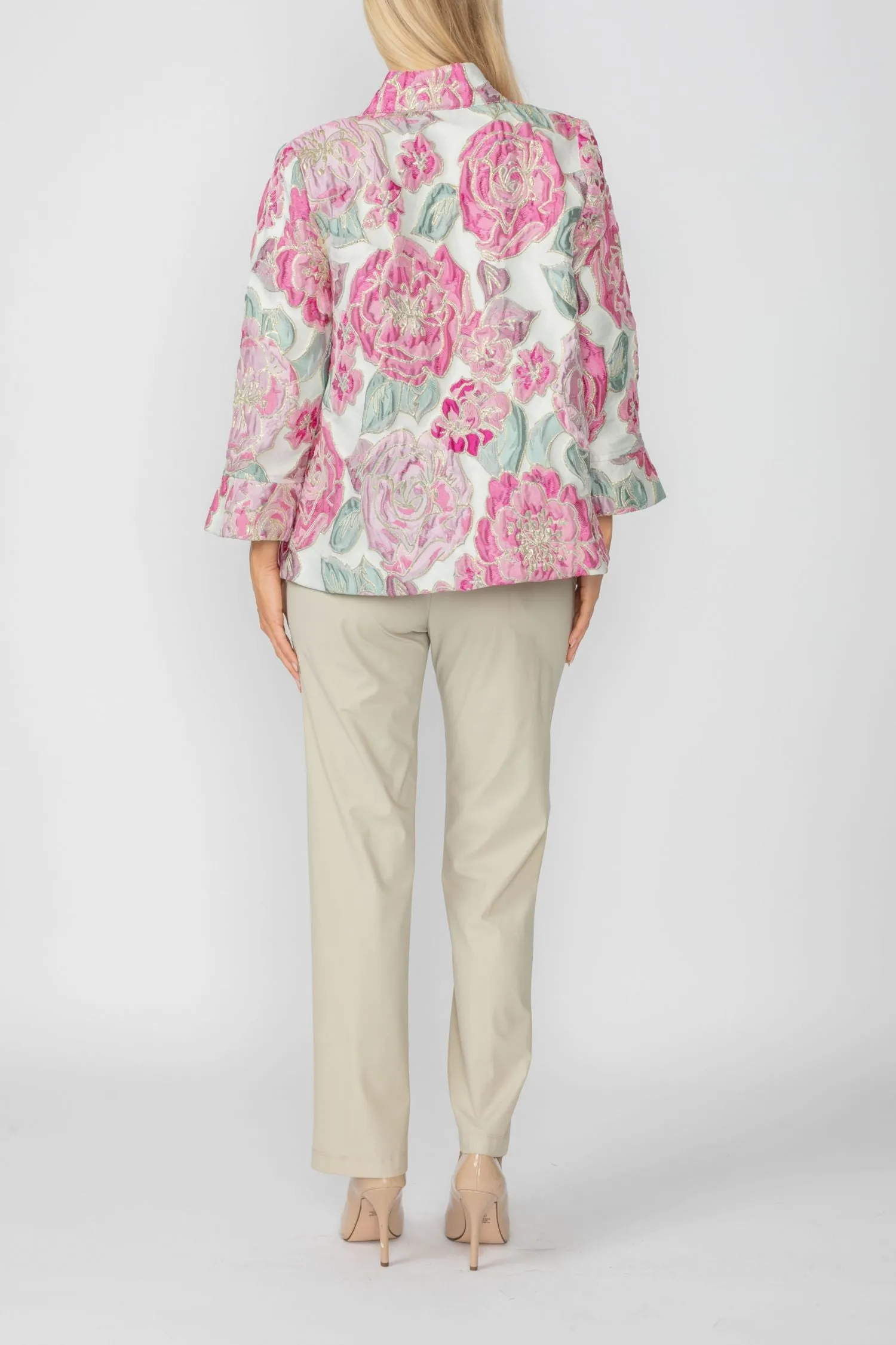 Pink Floral Embo Jacquard Stand Collard 3/4 Sleeve Jacket