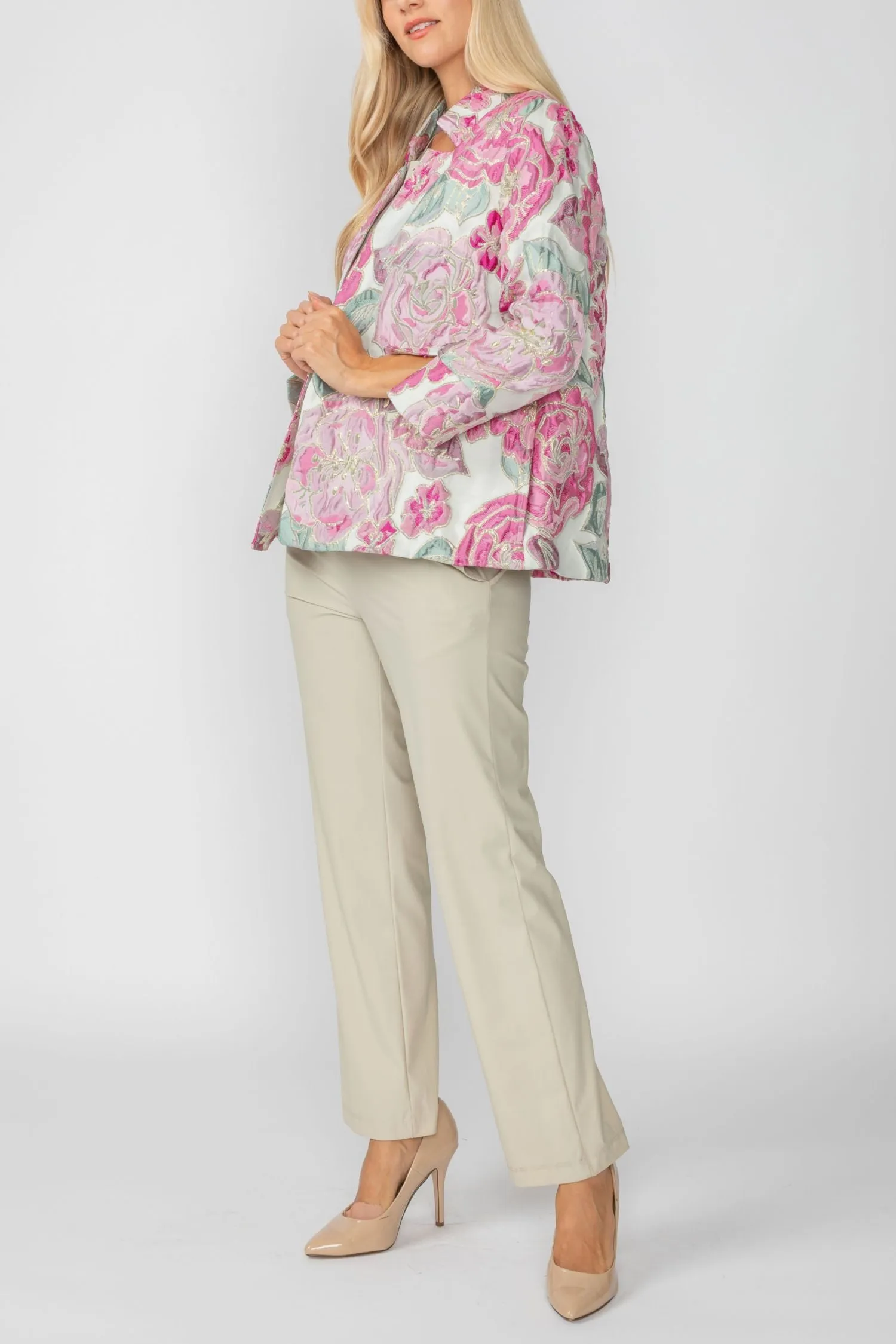 Pink Floral Embo Jacquard Stand Collard 3/4 Sleeve Jacket