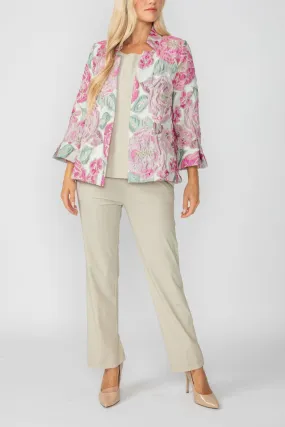 Pink Floral Embo Jacquard Stand Collard 3/4 Sleeve Jacket