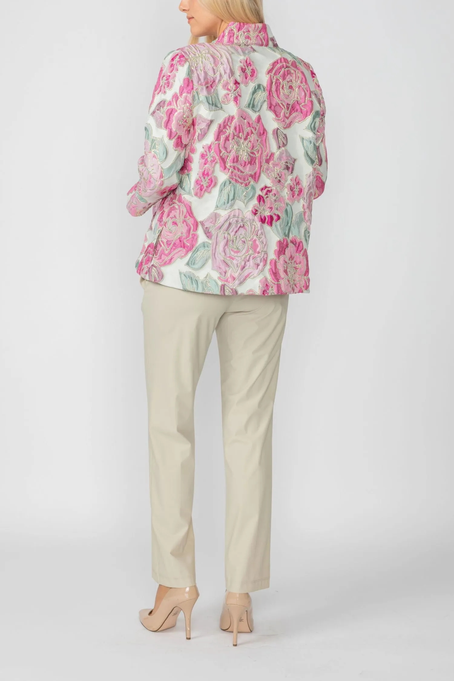 Pink Floral Embo Jacquard Stand Collard 3/4 Sleeve Jacket