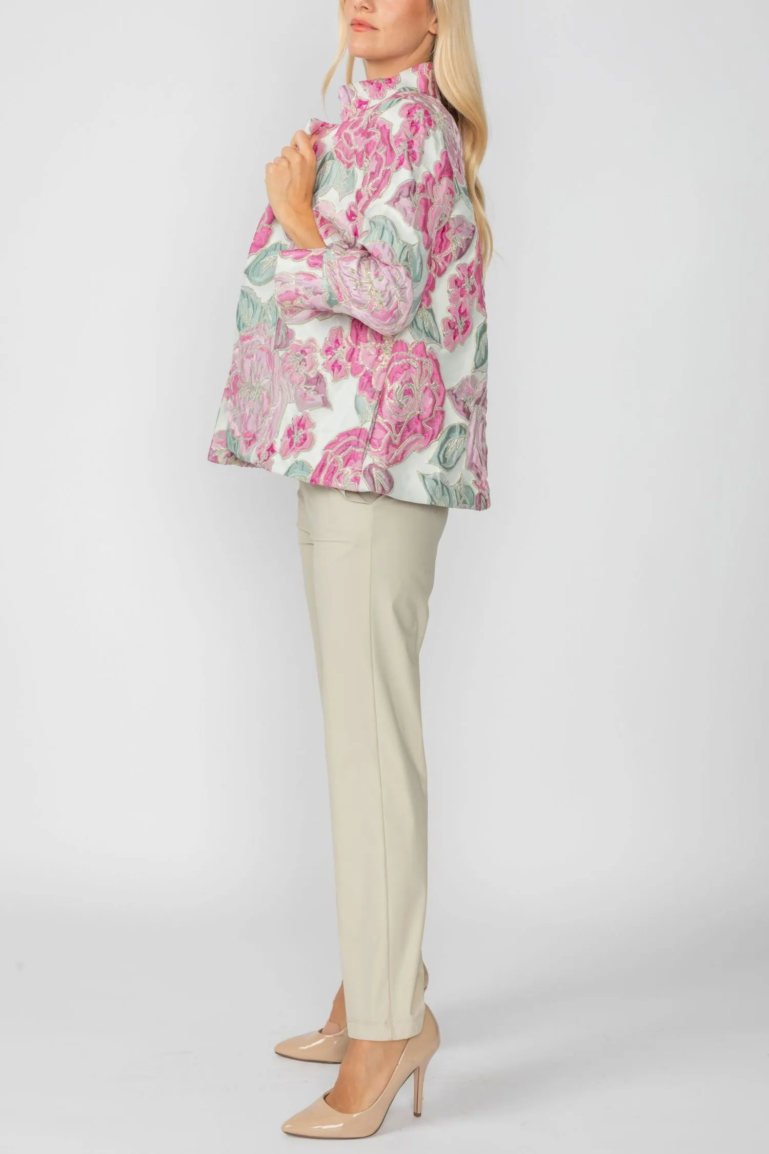 Pink Floral Embo Jacquard Stand Collard 3/4 Sleeve Jacket