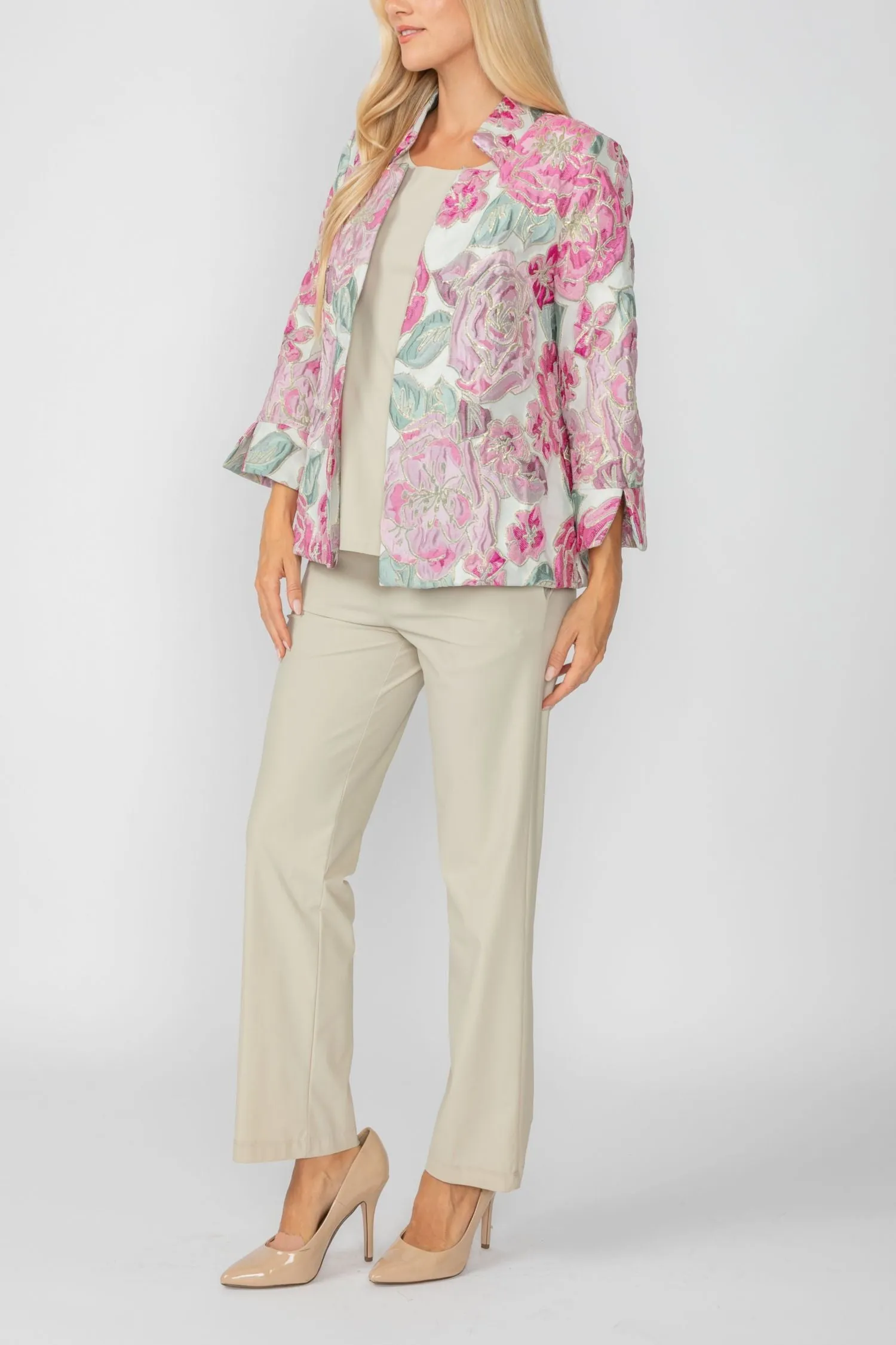 Pink Floral Embo Jacquard Stand Collard 3/4 Sleeve Jacket