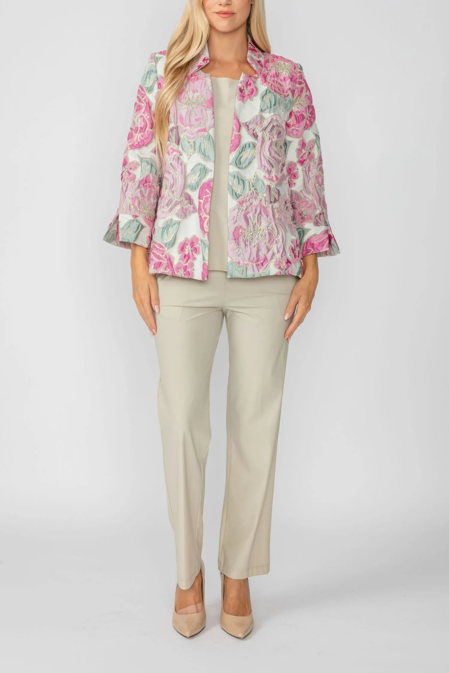 Pink Floral Embo Jacquard Stand Collard 3/4 Sleeve Jacket