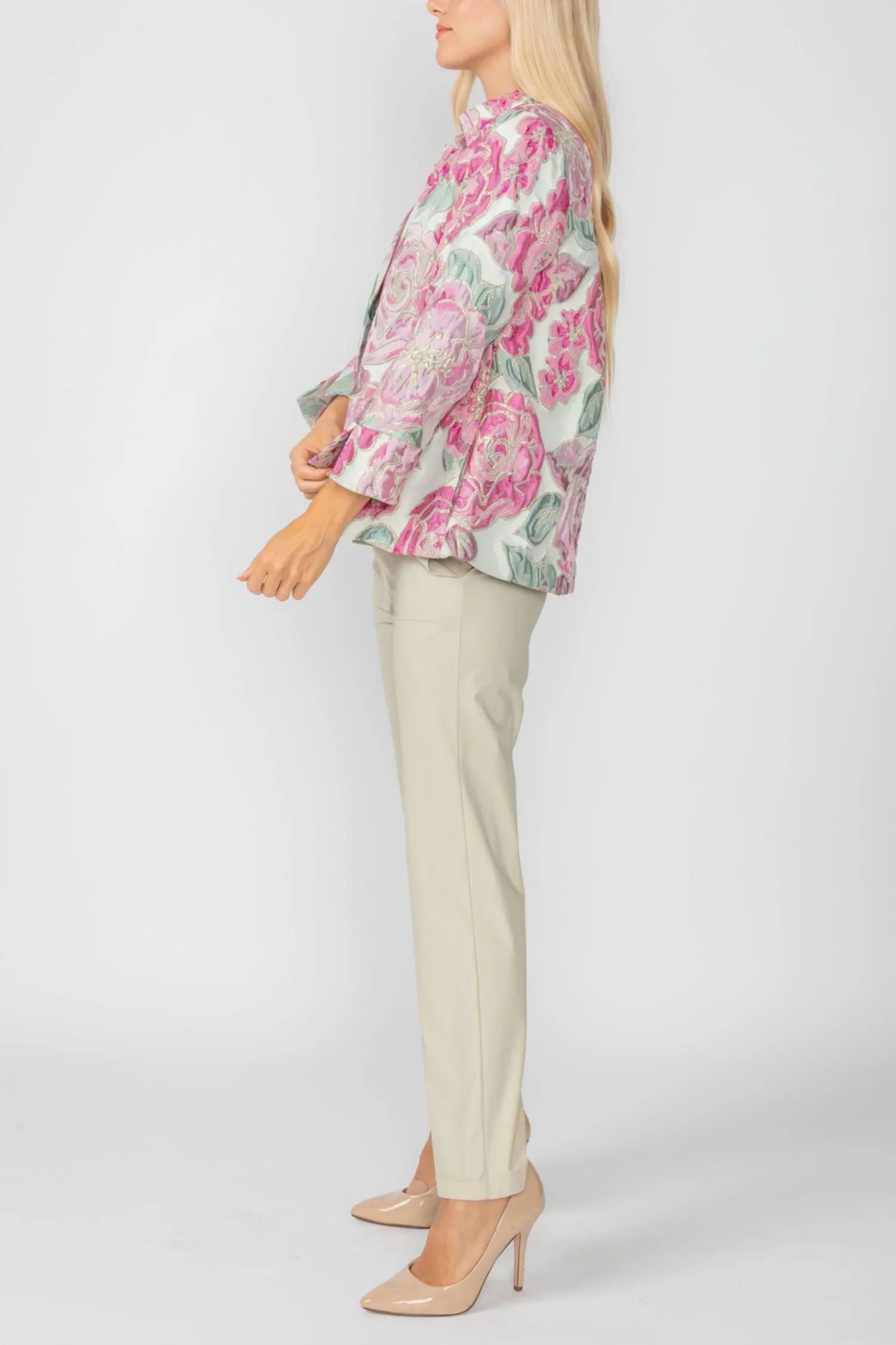 Pink Floral Embo Jacquard Stand Collard 3/4 Sleeve Jacket