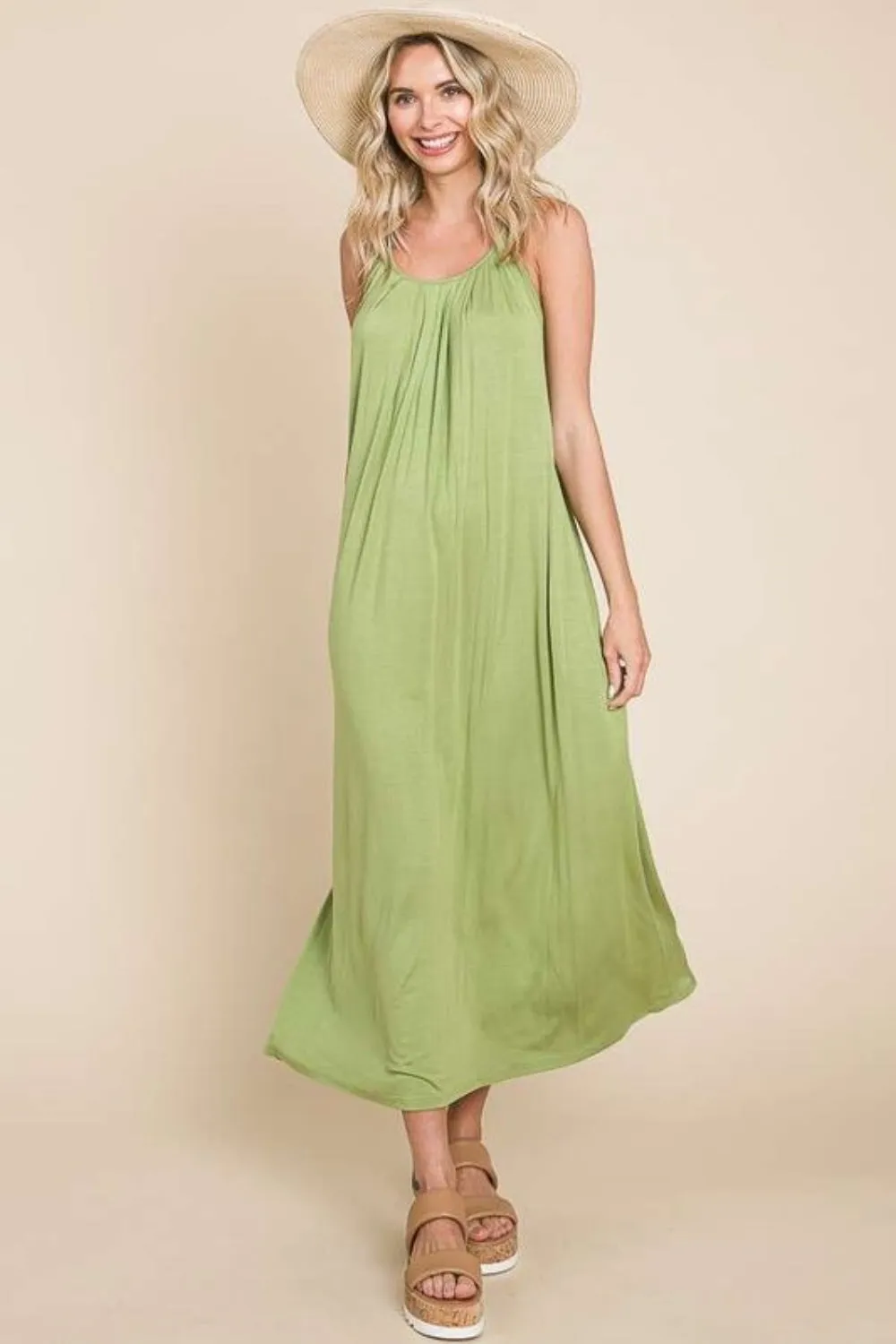 Pleated Front Neck Maxi Dress