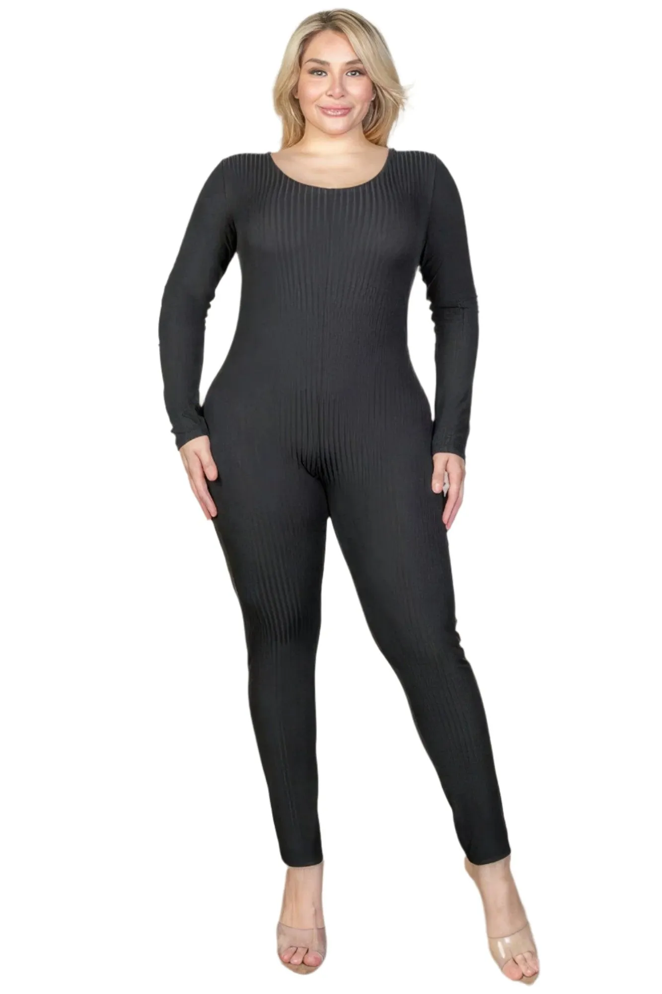 Plus Size Ribbed Scoop Neck Long Sleeve Jumpsuit