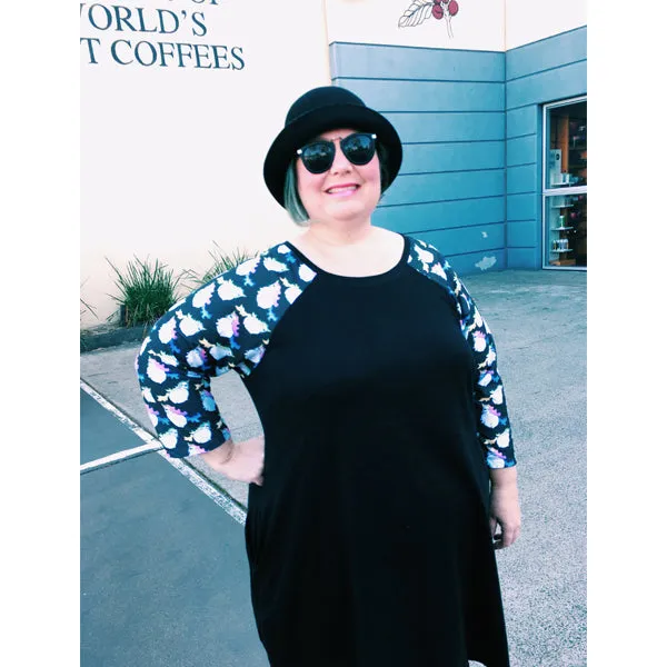 Raglan Chubster Plus Size Unicorn Tunic in black - all sizes available, made to order, sleeve length customisable