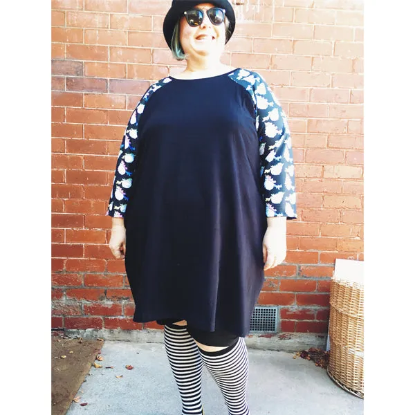 Raglan Chubster Plus Size Unicorn Tunic in black - all sizes available, made to order, sleeve length customisable