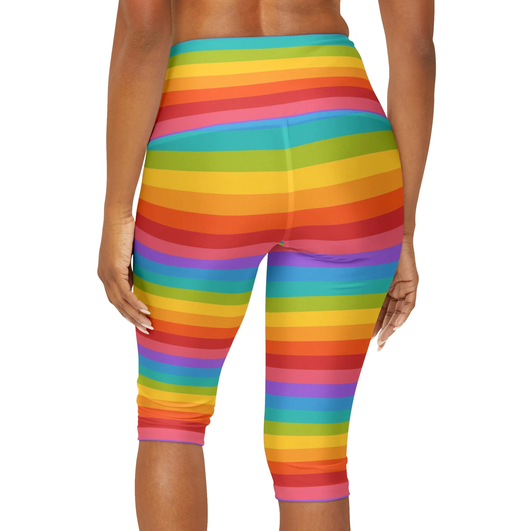 Rainbow Striped Capri Leggings Women, Knee Length Cropped Yoga Pants Printed High Waist Workout Gym Fun Designer Tights Pockets