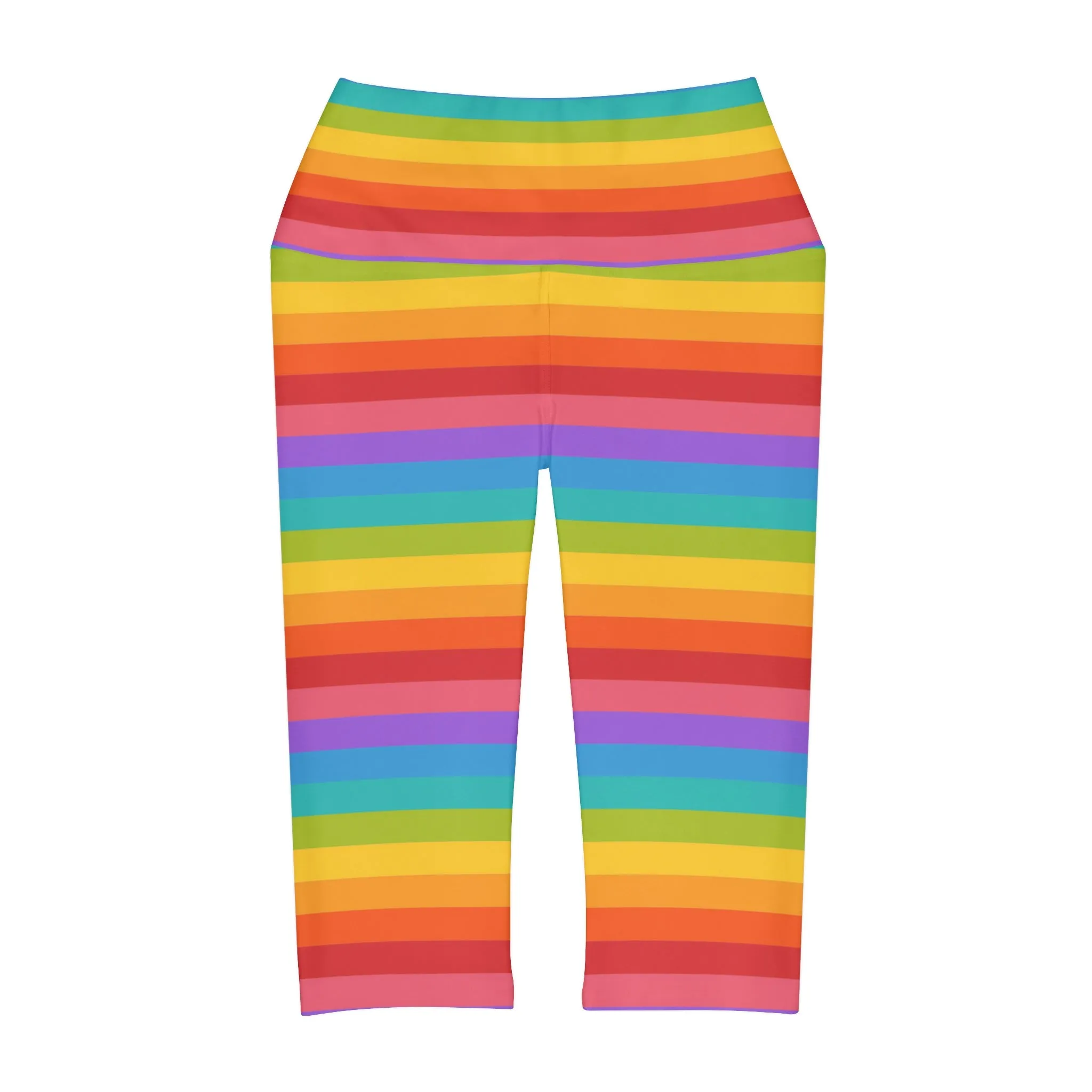 Rainbow Striped Capri Leggings Women, Knee Length Cropped Yoga Pants Printed High Waist Workout Gym Fun Designer Tights Pockets