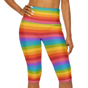 Rainbow Striped Capri Leggings Women, Knee Length Cropped Yoga Pants Printed High Waist Workout Gym Fun Designer Tights Pockets