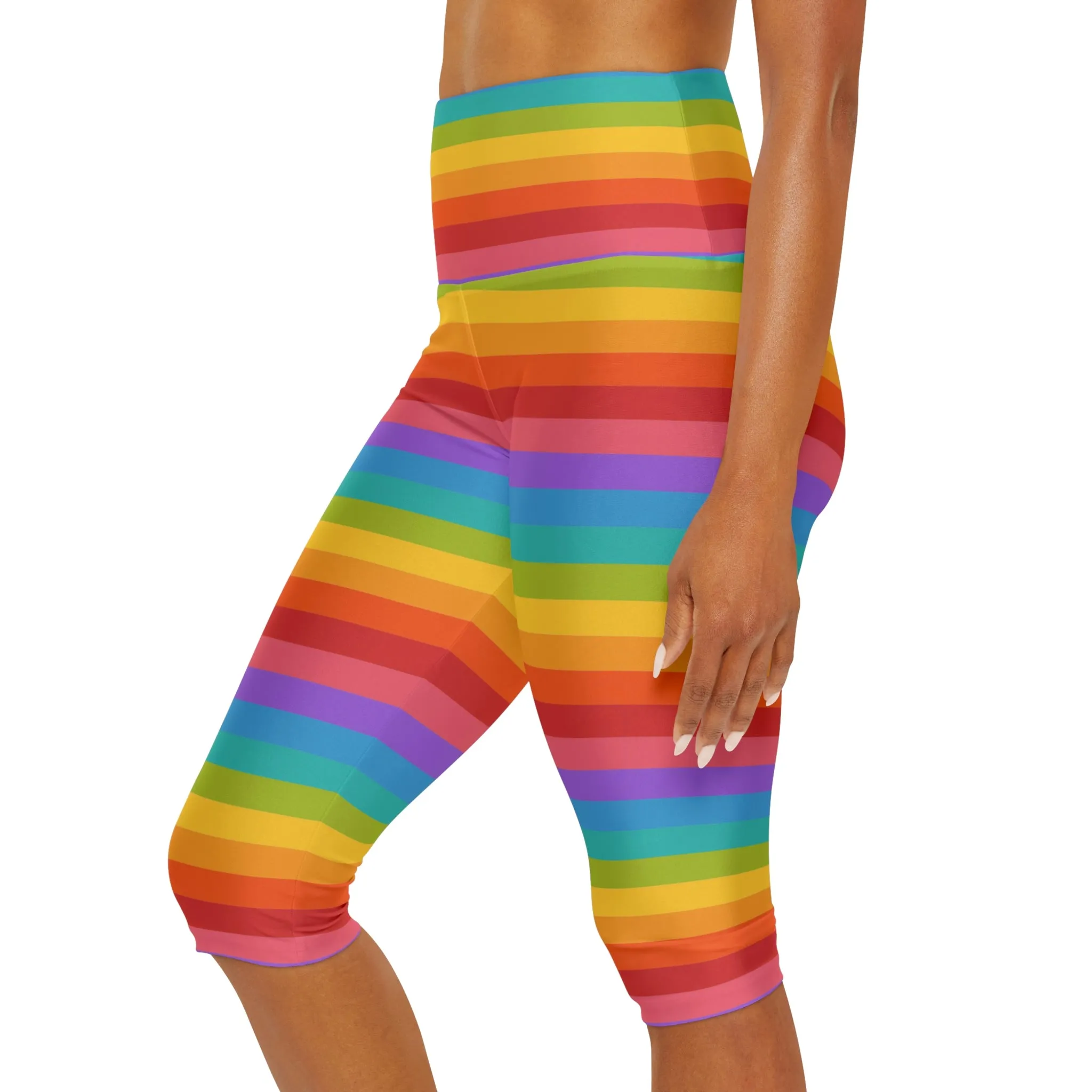 Rainbow Striped Capri Leggings Women, Knee Length Cropped Yoga Pants Printed High Waist Workout Gym Fun Designer Tights Pockets