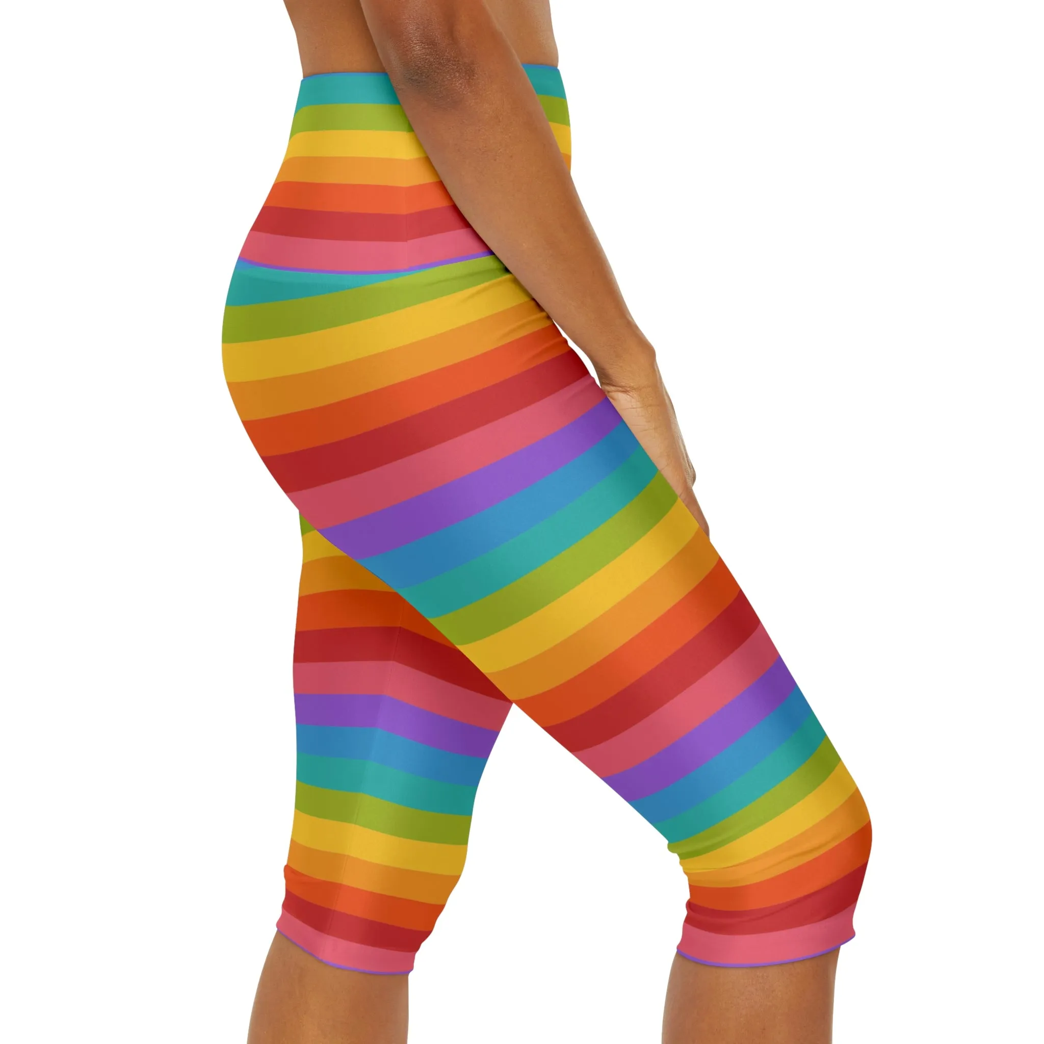 Rainbow Striped Capri Leggings Women, Knee Length Cropped Yoga Pants Printed High Waist Workout Gym Fun Designer Tights Pockets