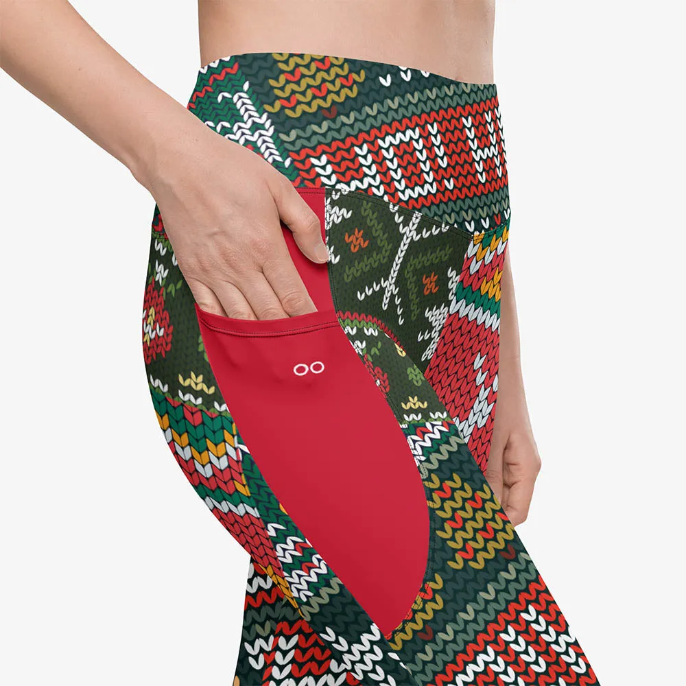 Recycled Printed Leggings "Oh! Oh! Oh!" Red/Green with pockets