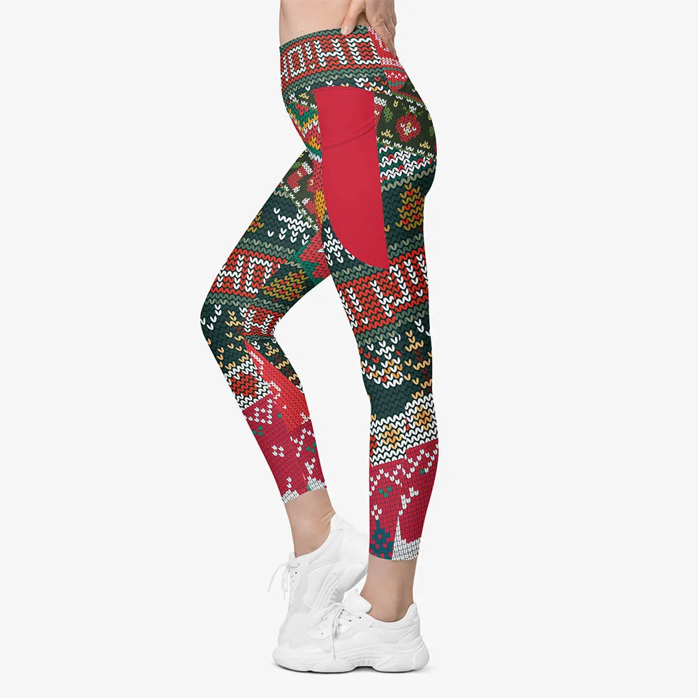 Recycled Printed Leggings "Oh! Oh! Oh!" Red/Green with pockets