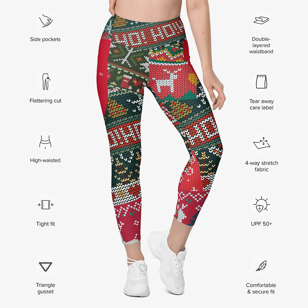 Recycled Printed Leggings "Oh! Oh! Oh!" Red/Green with pockets