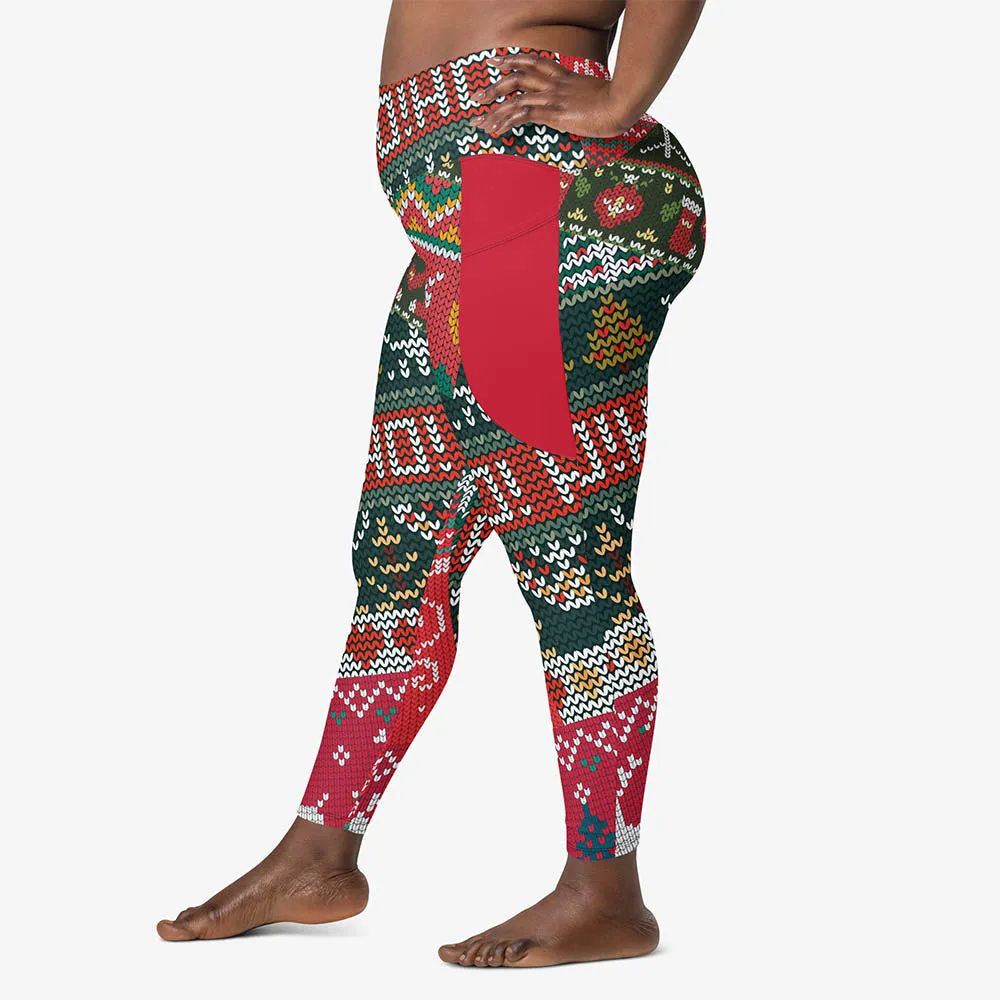 Recycled Printed Leggings "Oh! Oh! Oh!" Red/Green with pockets