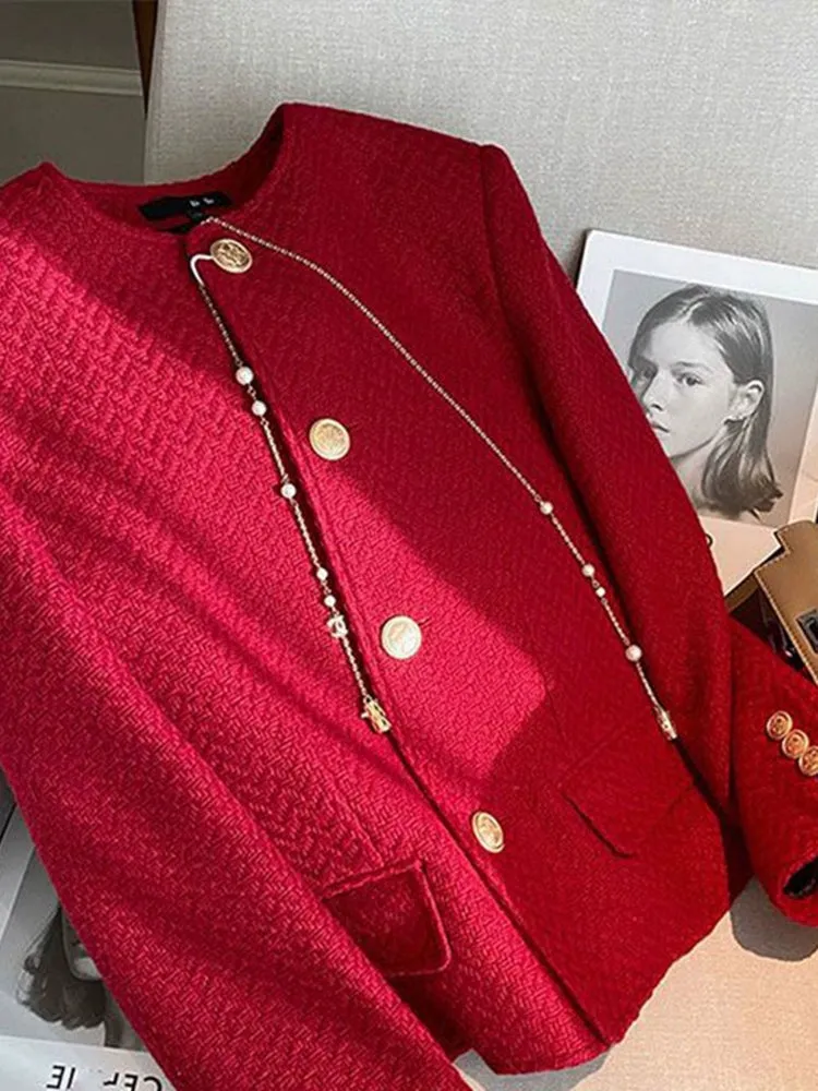 Red Classic Retro Style Crewneck Short Jacket with Gold Buttons