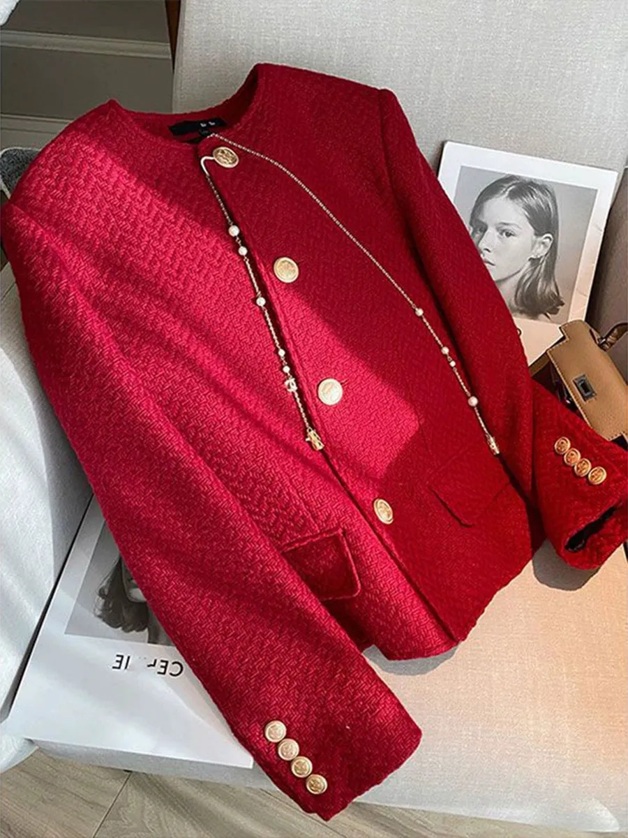 Red Classic Retro Style Crewneck Short Jacket with Gold Buttons