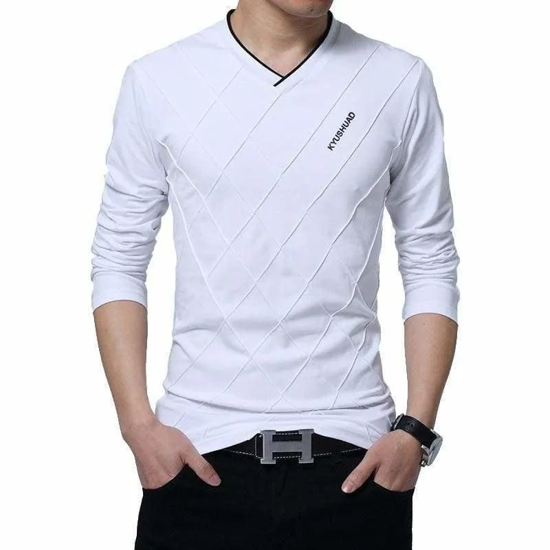 Slim Fit Long Stylish Luxury V Neck Fitness Long Sleeve Men's T-shirt