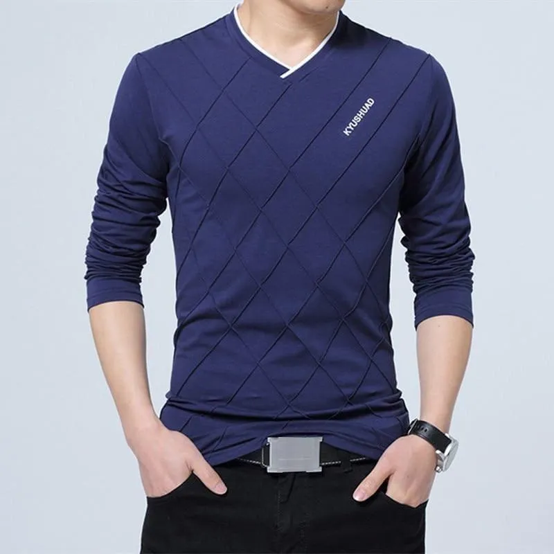 Slim Fit Long Stylish Luxury V Neck Fitness Long Sleeve Men's T-shirt