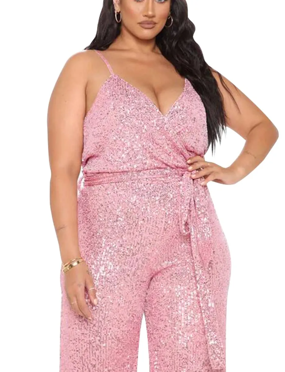 Soft Pink Sequin Glitter Sleeveless Jumpsuit