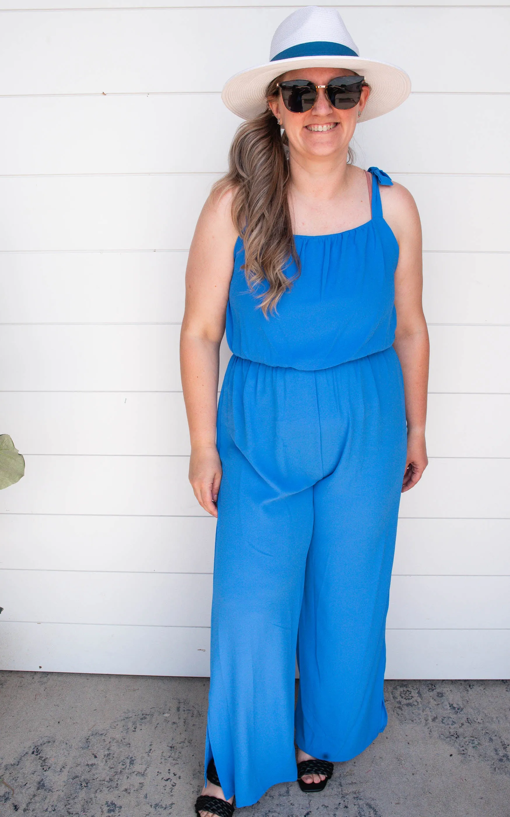 Textured Clean Blue Tie Shoulder Ruched Jumpsuit | FINAL SALE