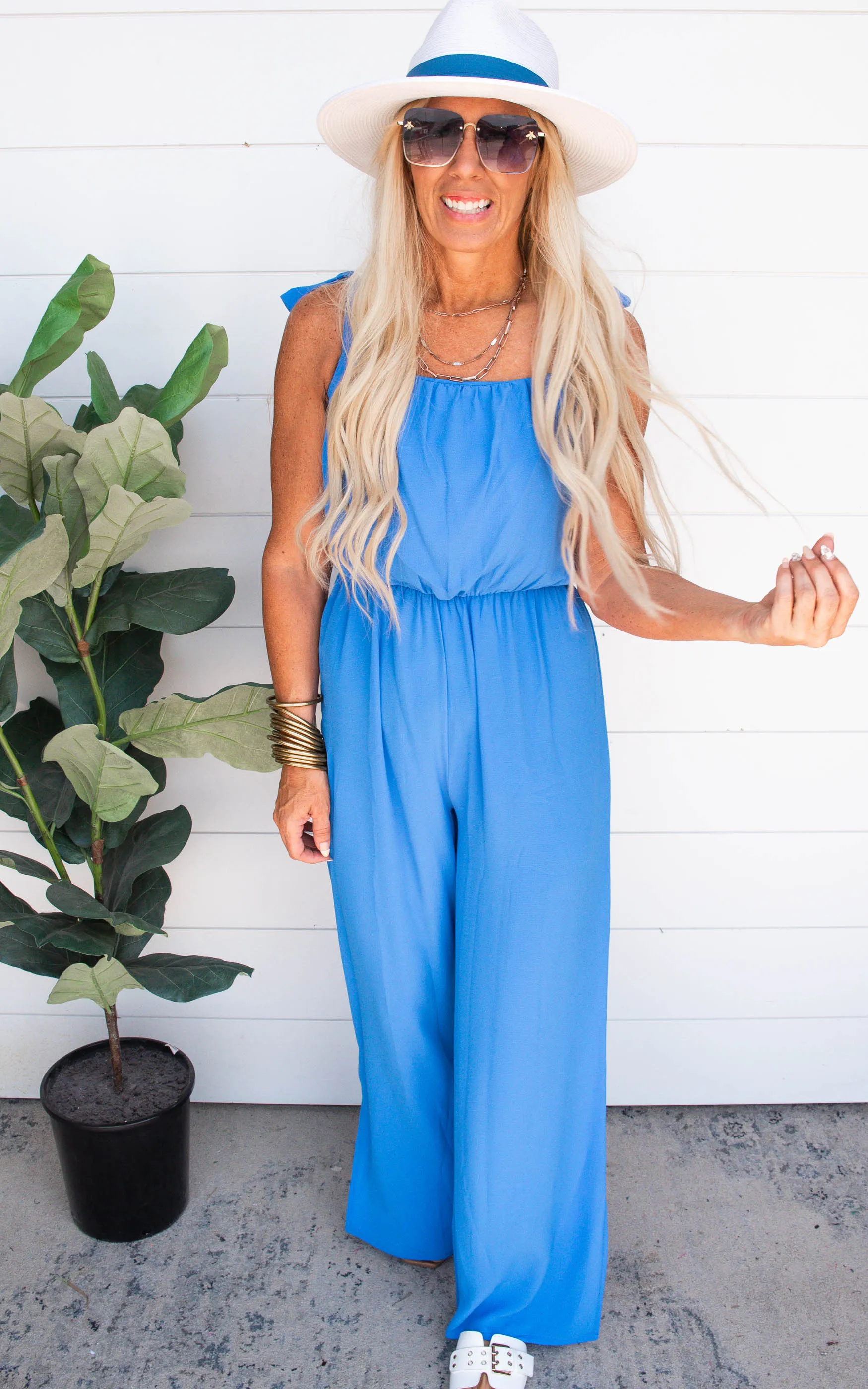 Textured Clean Blue Tie Shoulder Ruched Jumpsuit | FINAL SALE