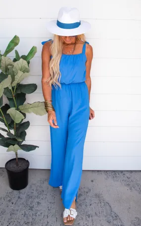 Textured Clean Blue Tie Shoulder Ruched Jumpsuit | FINAL SALE