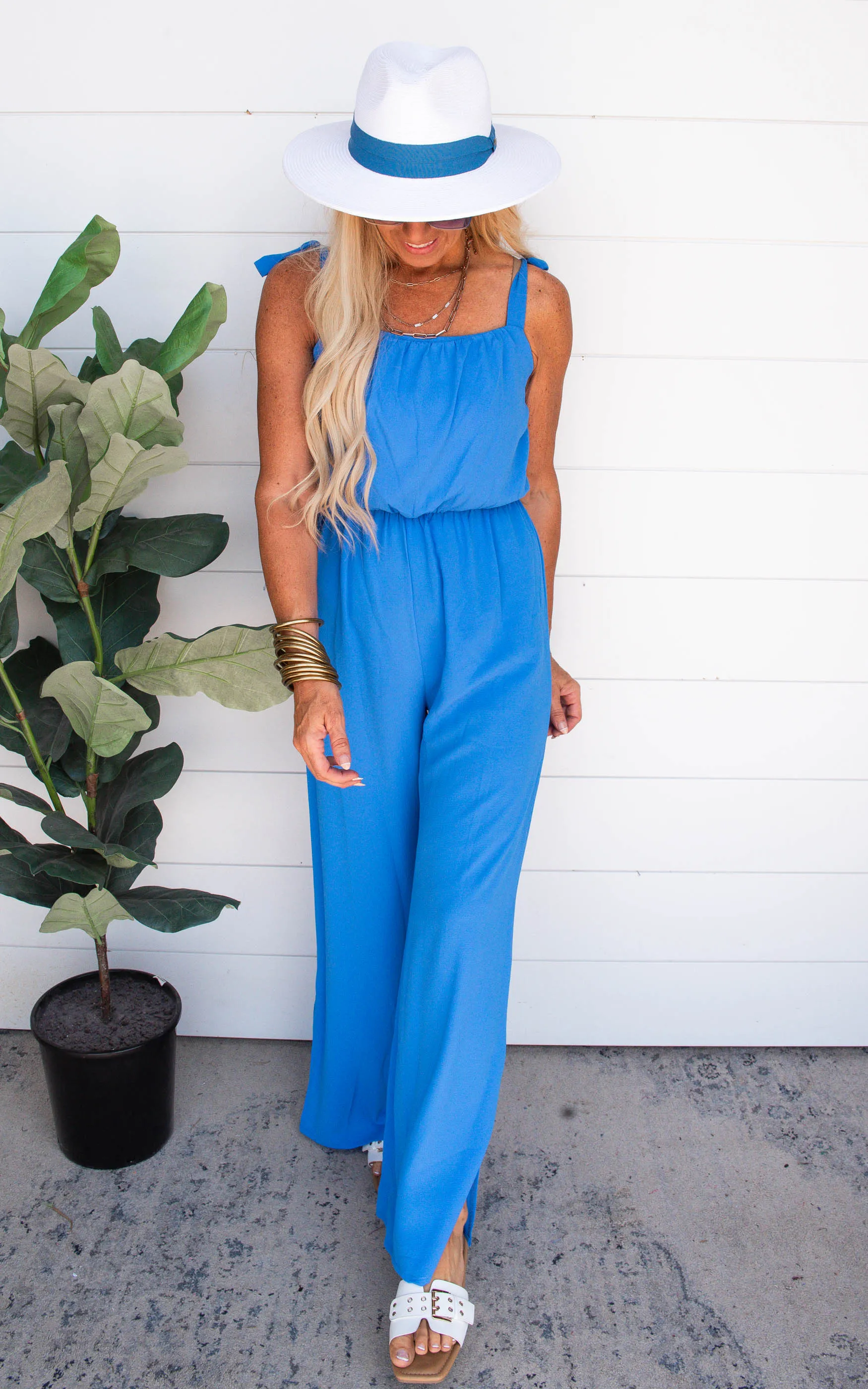 Textured Clean Blue Tie Shoulder Ruched Jumpsuit | FINAL SALE