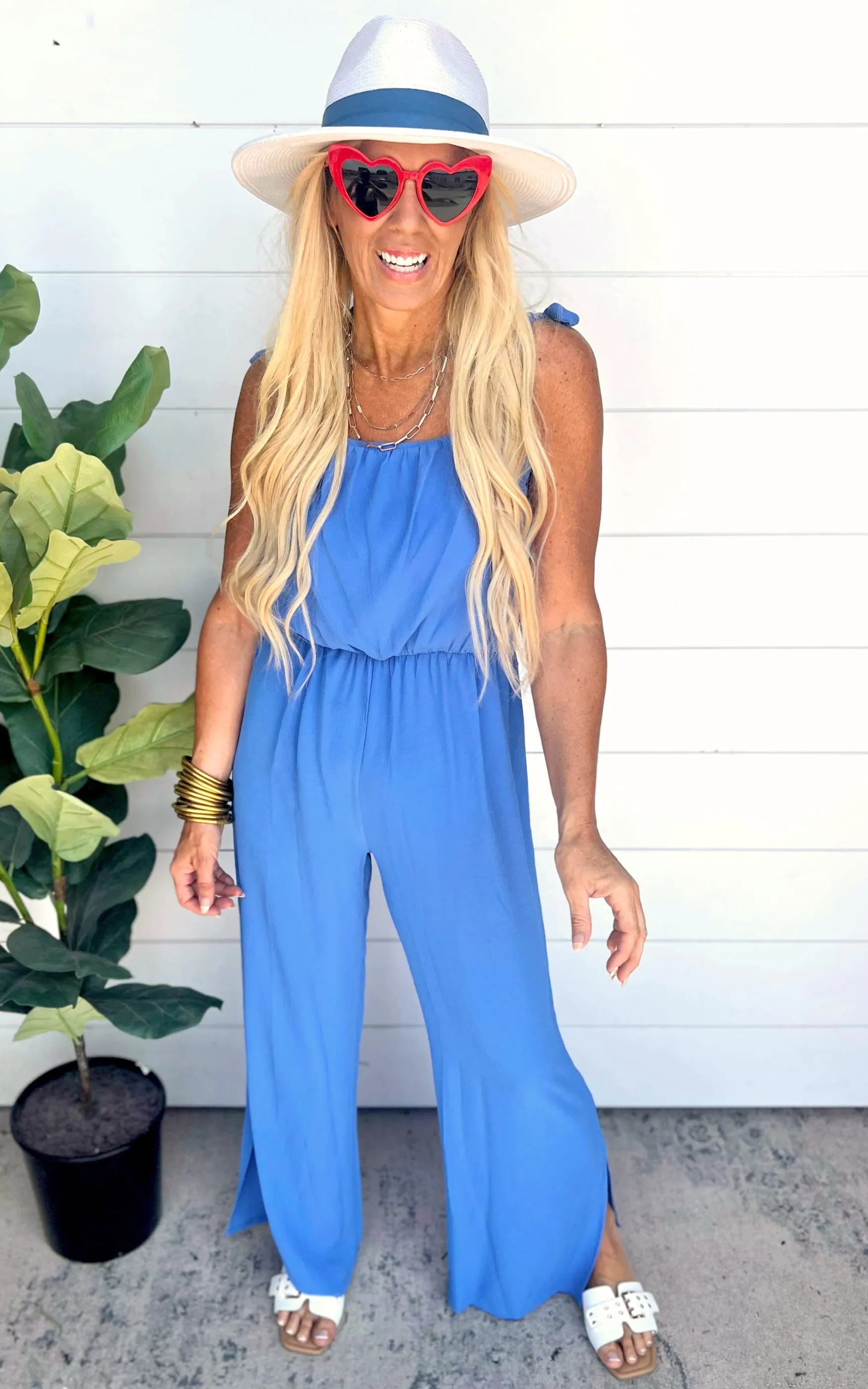 Textured Clean Blue Tie Shoulder Ruched Jumpsuit | FINAL SALE