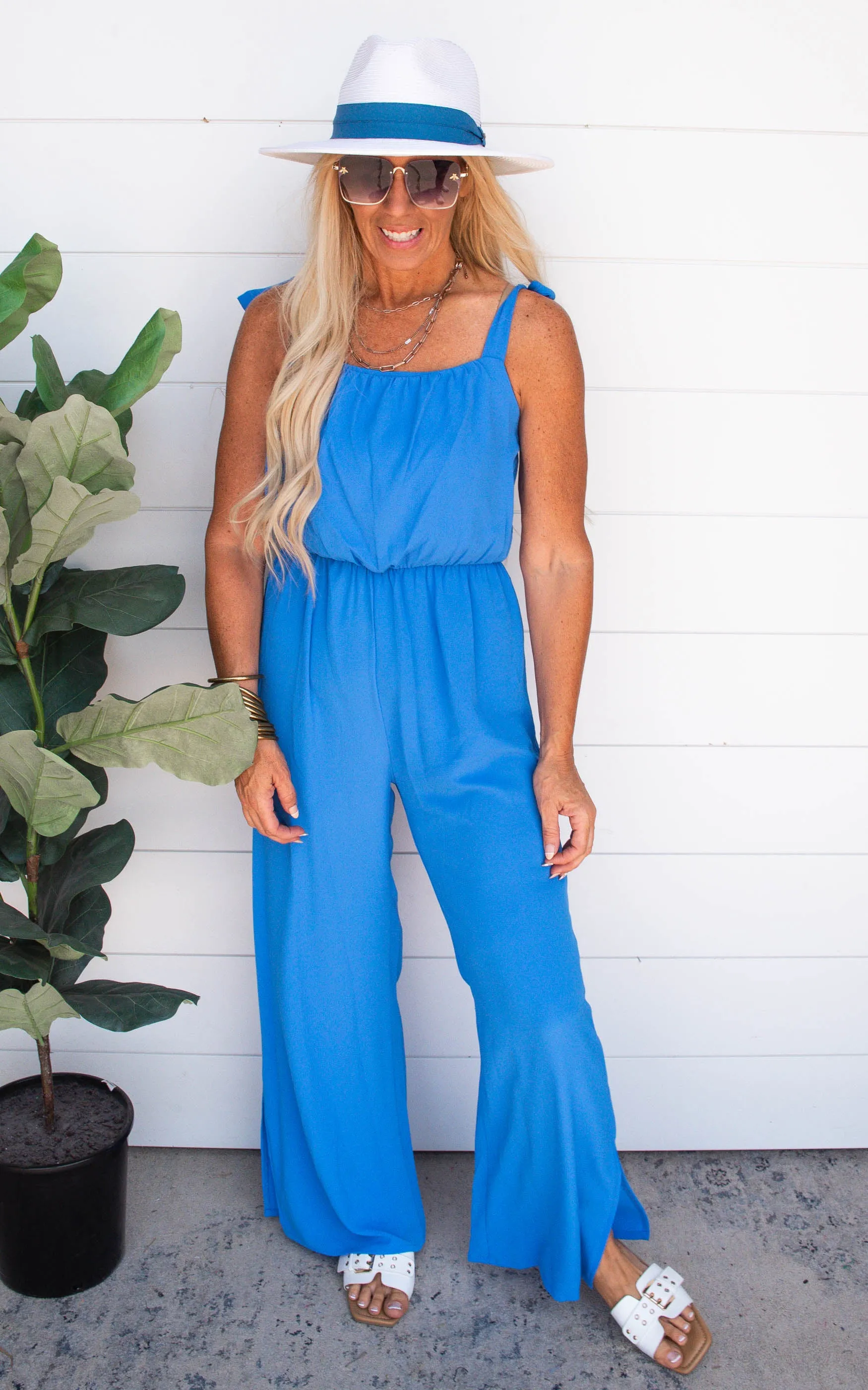 Textured Clean Blue Tie Shoulder Ruched Jumpsuit | FINAL SALE