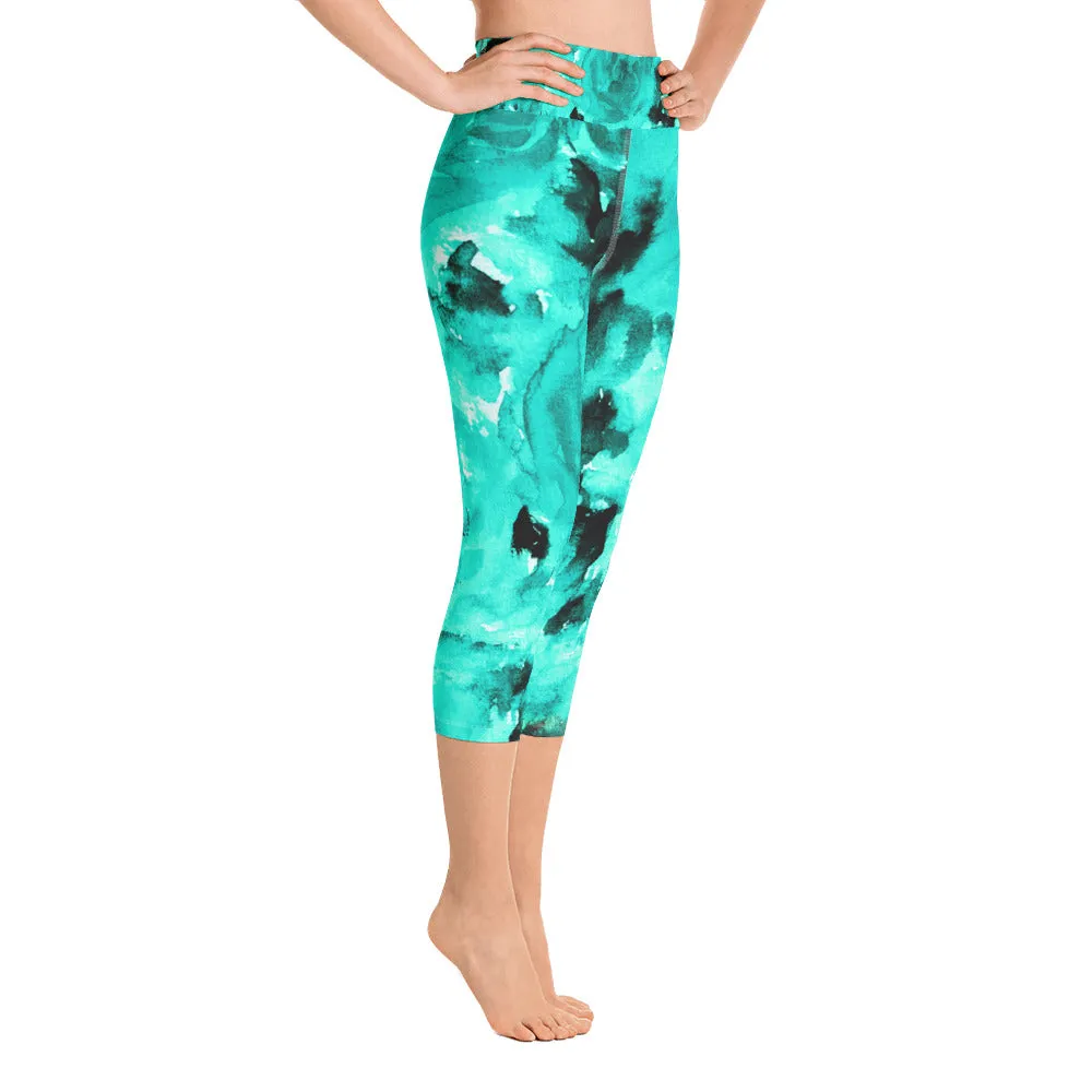 Turquoise Blue Floral Capris Tights, Best Floral Print Capri Leggings, Rose Print Women's Pants -Made in USA/ EU