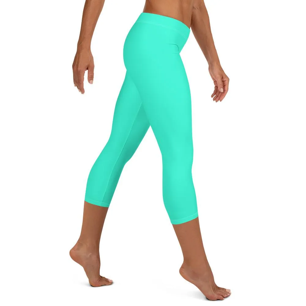 Turquoise Blue Women's Capri Leggings, Bright Solid Color Capris Tights- Made in USA/ EU