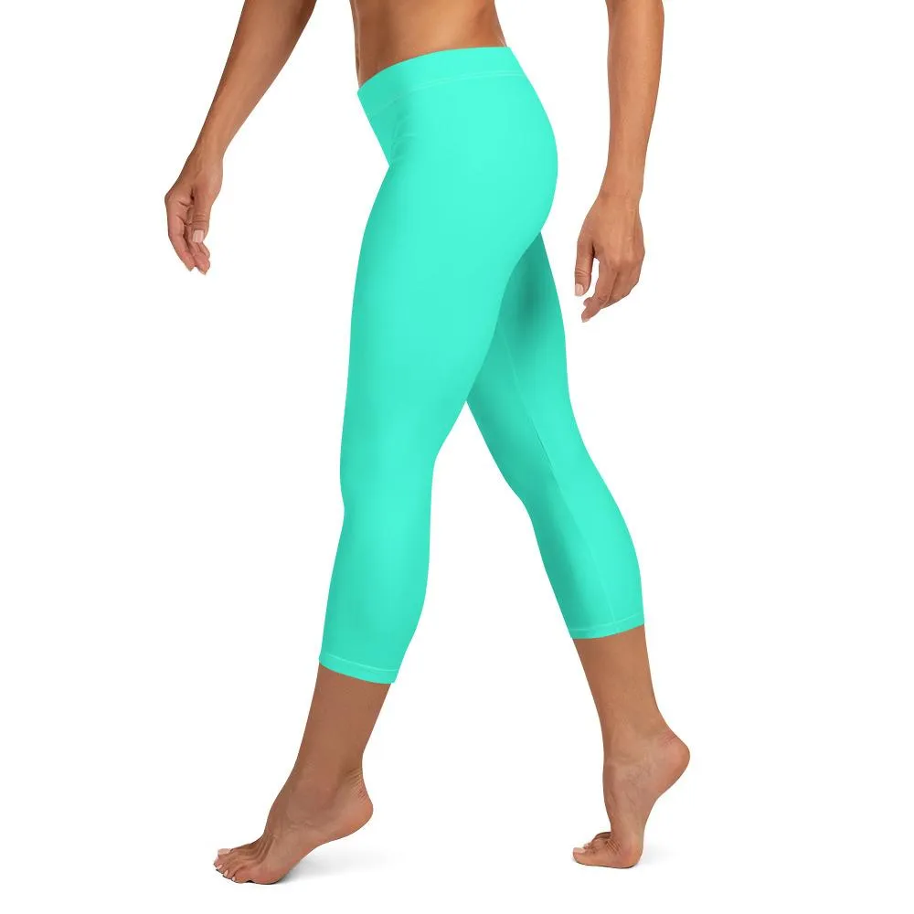 Turquoise Blue Women's Capri Leggings, Bright Solid Color Capris Tights- Made in USA/ EU