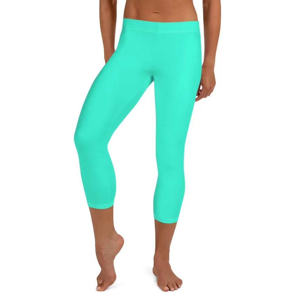 Turquoise Blue Women's Capri Leggings, Bright Solid Color Capris Tights- Made in USA/ EU