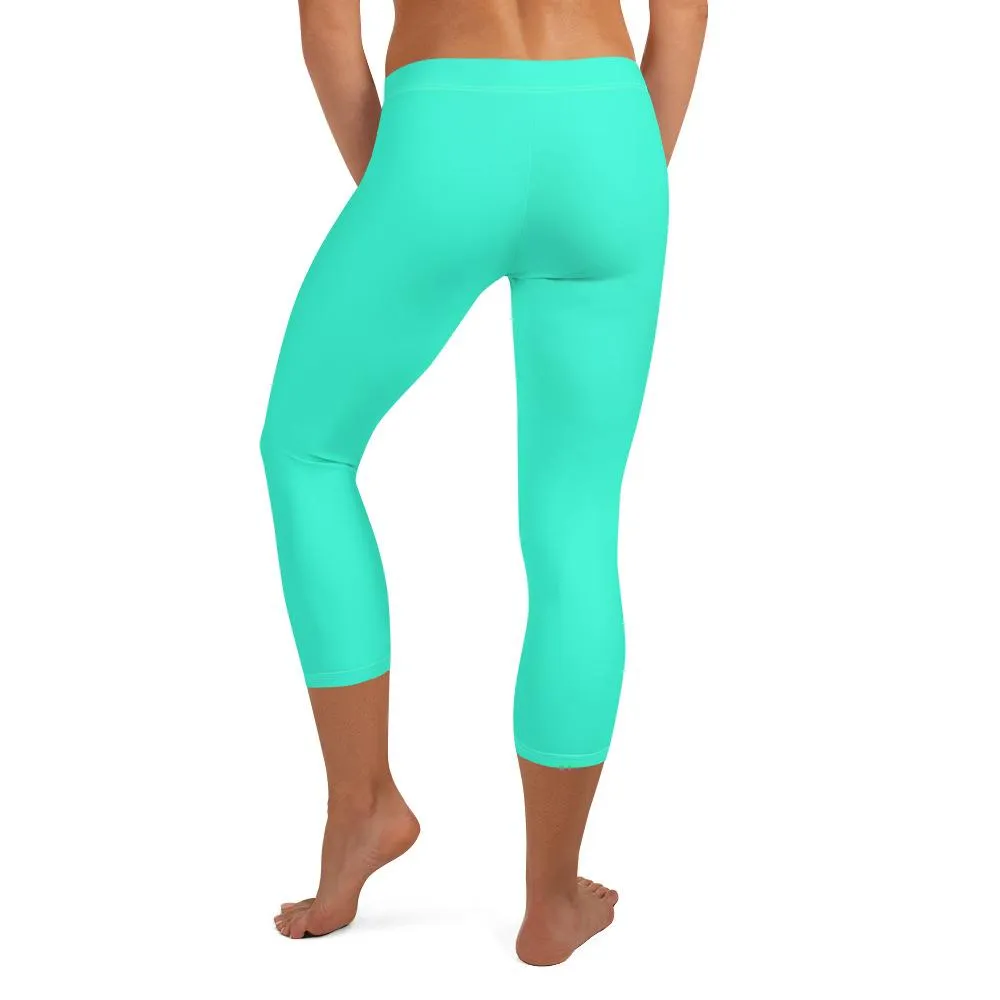 Turquoise Blue Women's Capri Leggings, Bright Solid Color Capris Tights- Made in USA/ EU