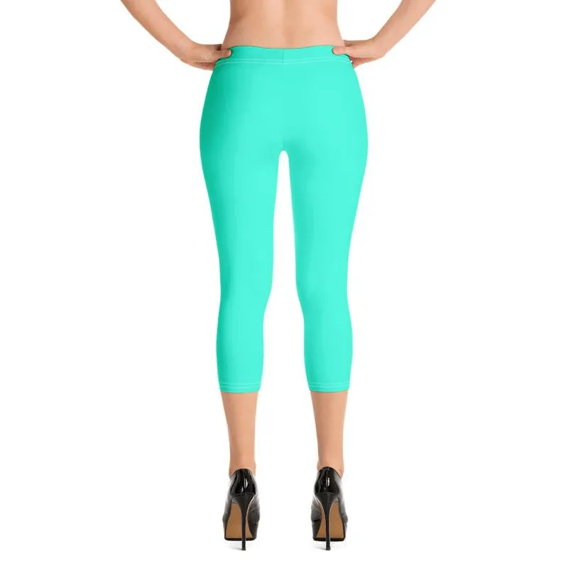 Turquoise Blue Women's Capri Leggings, Bright Solid Color Capris Tights- Made in USA/ EU