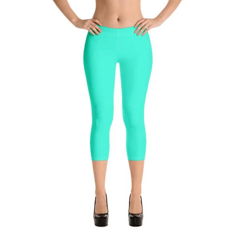 Turquoise Blue Women's Capri Leggings, Bright Solid Color Capris Tights- Made in USA/ EU