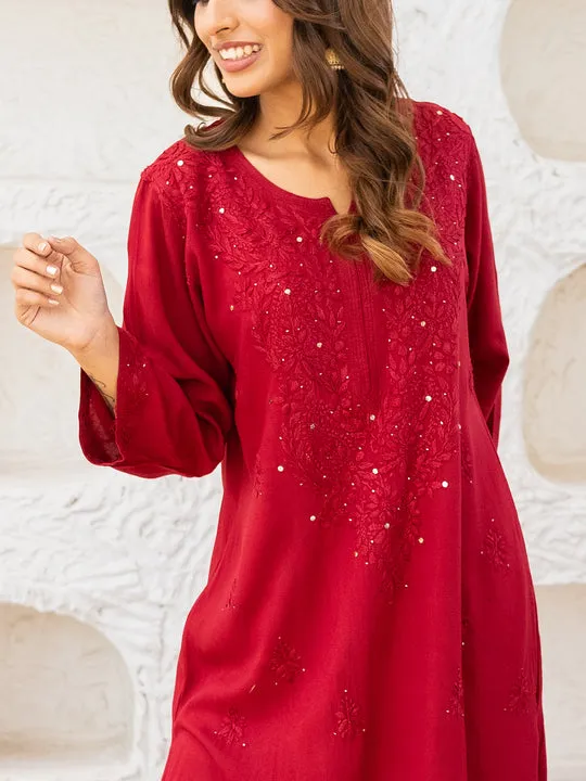 Ulfat Rayon Chikankari & Mukaish Straight Kurti