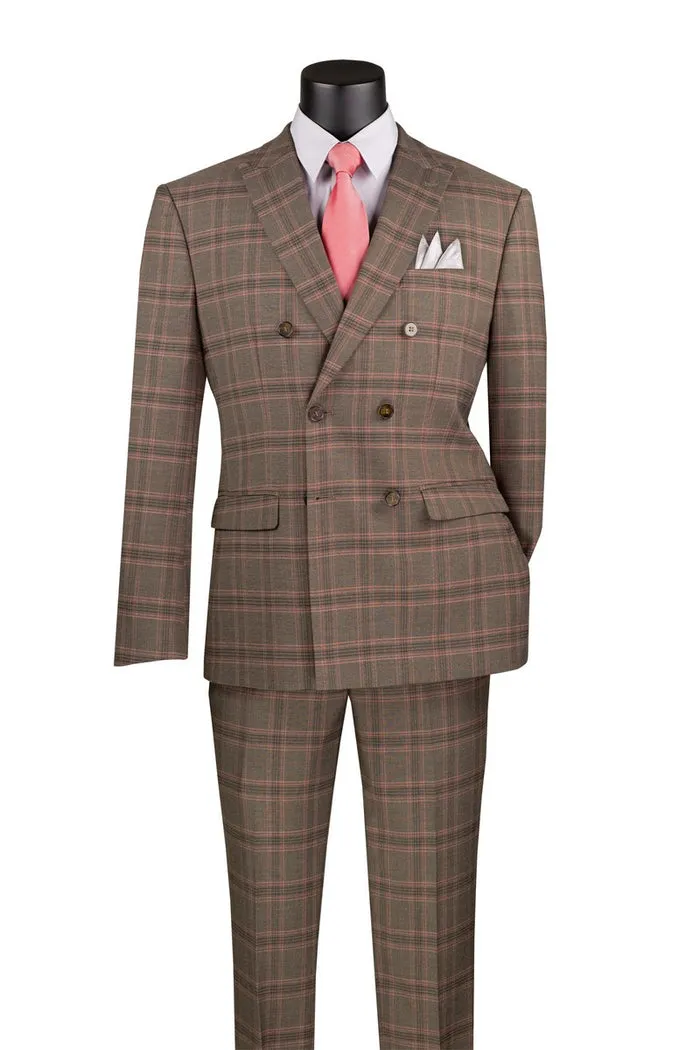 Vinci Modern Fit Double Breasted Glen Plaid Peak Lapel 2 Piece Suit Brown MDW-2