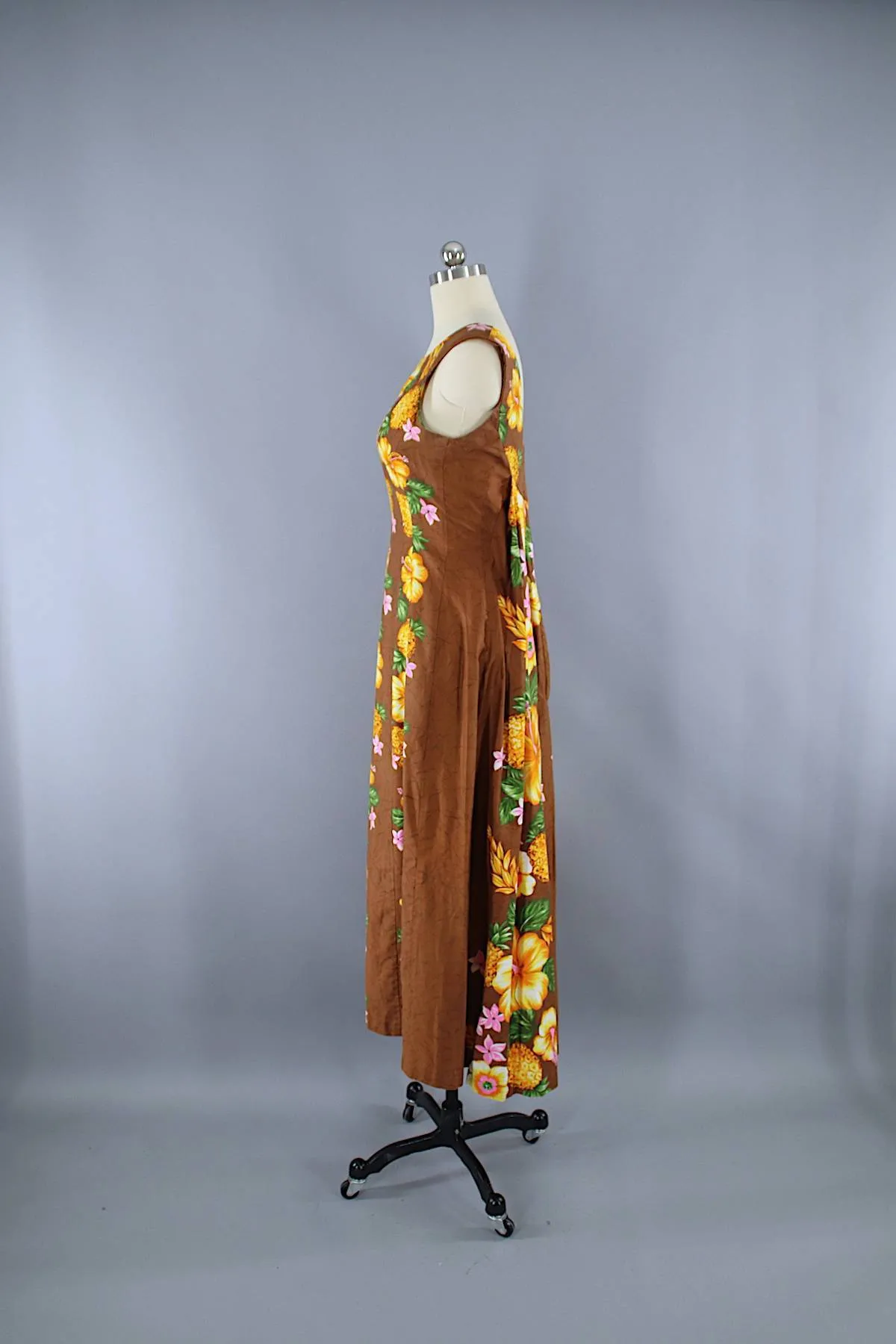 Vintage 1960s Hawaiian Paradise Maxi Dress / Brown Floral Print