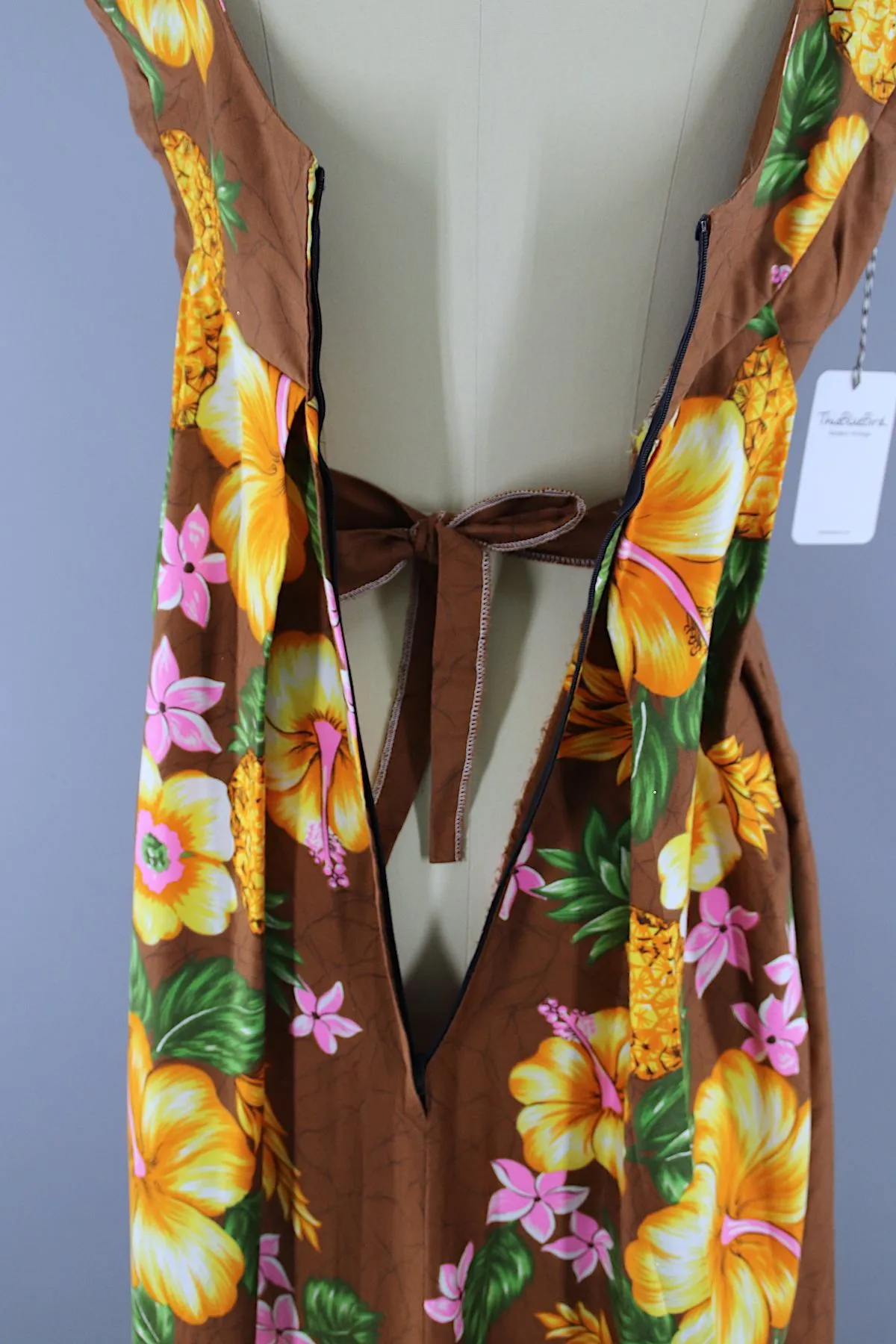 Vintage 1960s Hawaiian Paradise Maxi Dress / Brown Floral Print