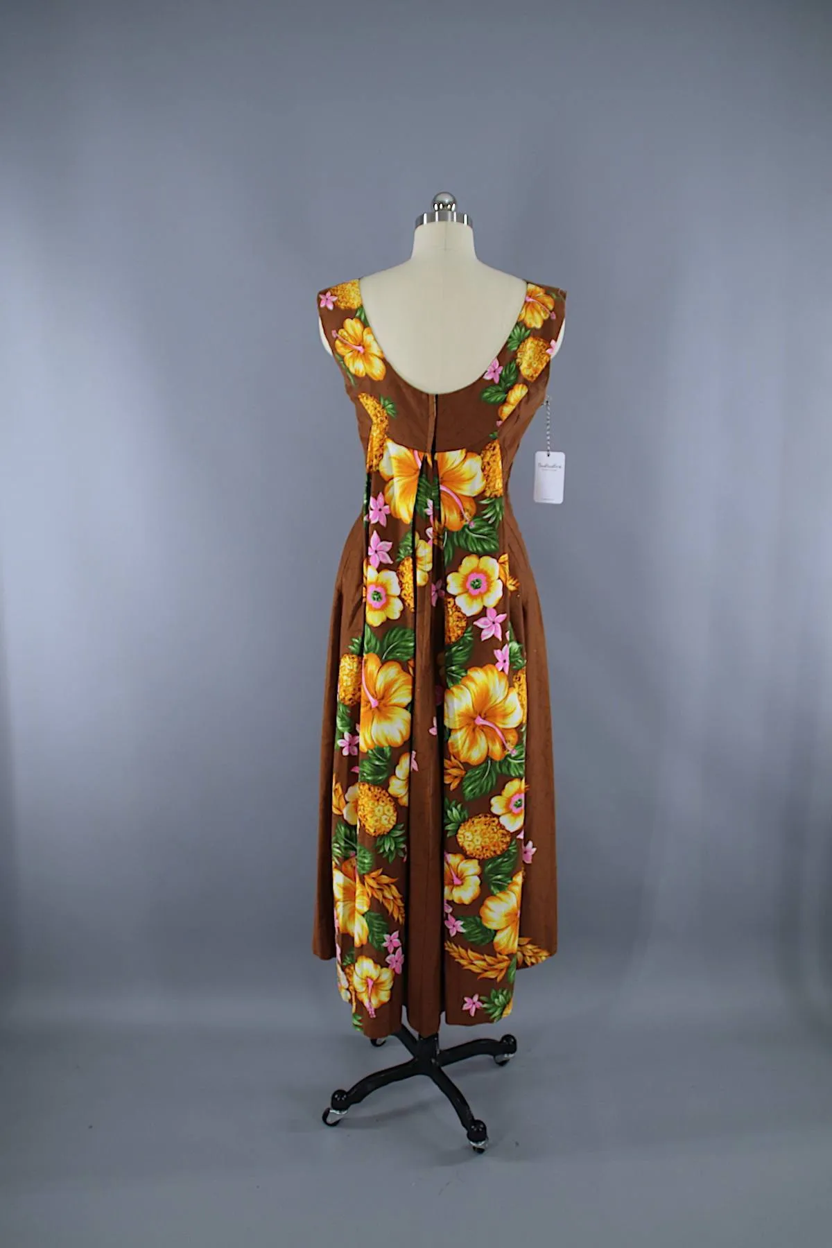 Vintage 1960s Hawaiian Paradise Maxi Dress / Brown Floral Print