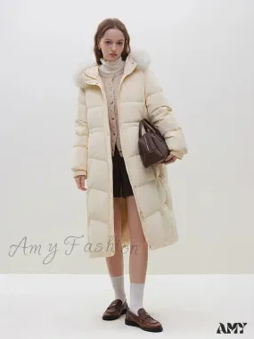 Winter Warm Black Long Light Yellow Fox Fur Collar Straight Down Coat