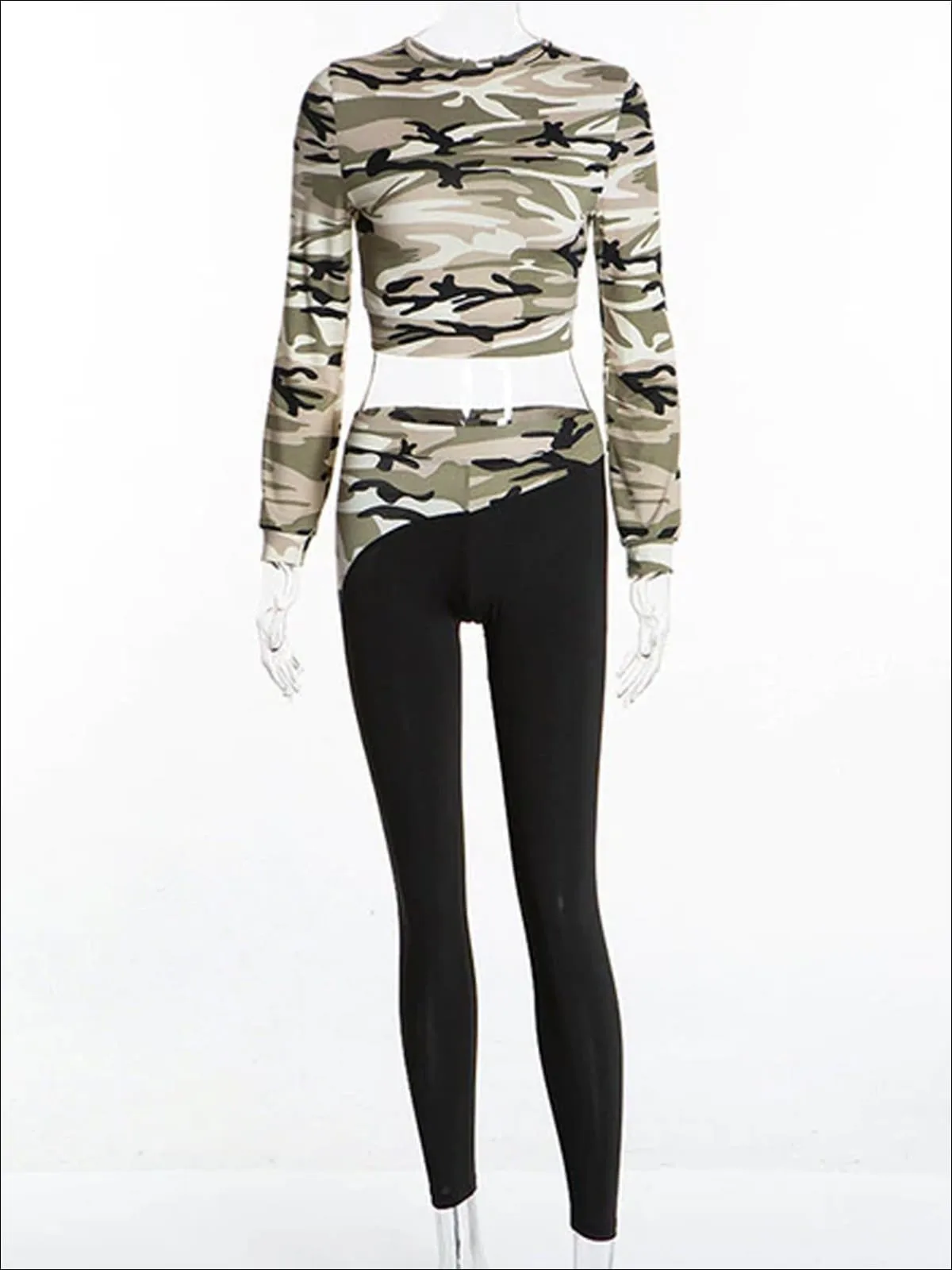 Women's Camo Print Long Sleeve Crop Top And Legging Set